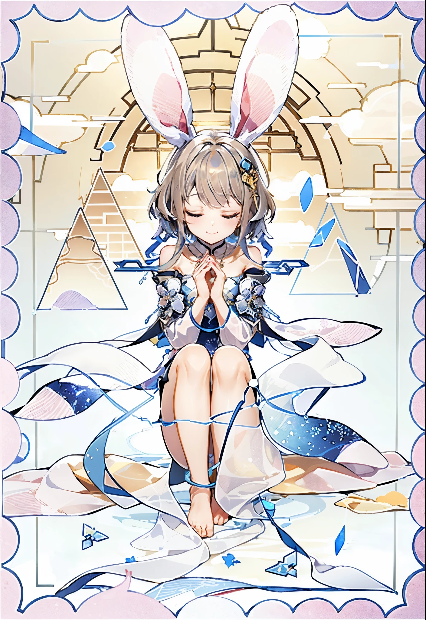 Simple_Clear skies_background, golden and 淡金色的 theme, Sense of coordination, Sense of Order, The beauty of mathematics, (((cover design))), (((((cover ))))), ((prune)), Album_, official , (Famous works), full body, ( close up, 1 Girl,alone:1.2),
Guizhong , 1 pink bunny girl,The act of prayer, barefoot , Pink skirt, with closed eyes, dress long dress, long sleeve,Keep your eyes closed and pray,Put your hands together ,Exquisite necklace decoration,
cloud, Sky, leaf, cloud纹, sacred religious photo frame, Light golden geometry, upwards and outward , reflection, crystal_, pattern_design, creative , Mysterious pattern, colorful crystal decorate, blue crystal, (architectural ), ((geometric )), pattern design, creative , shine, Dream,
------,
Low saturation, 巨作, Perfect composition, Film Light, light ,Pink outer border with a sacred texture