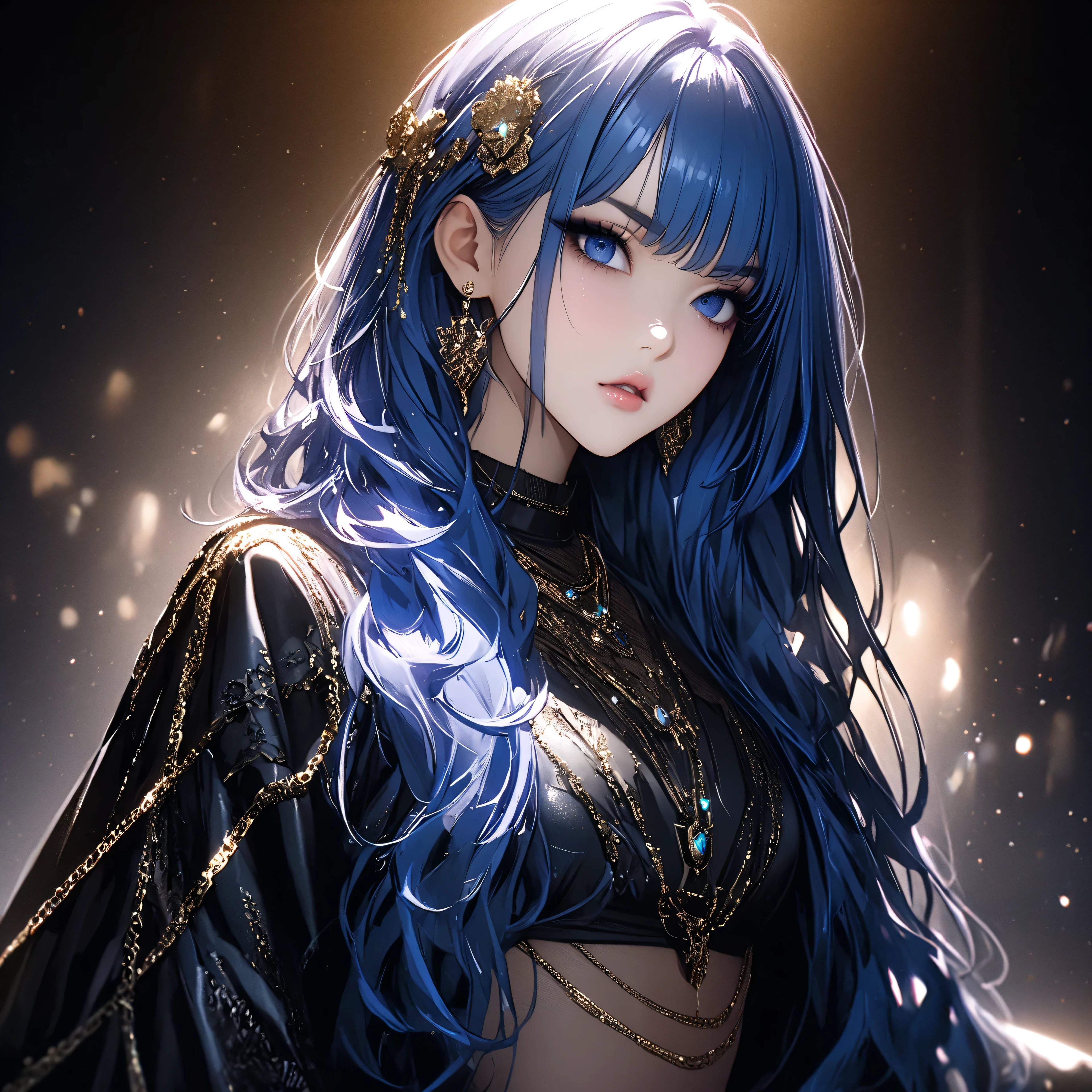 best quality、 ultra-precise depiction、 bright colors、beautiful oriental woman 、aldult、fashion photo、Artistic、Oil Wind、One person、up、portrait、40 years old、tall、long legs、 accurate facial depiction、 Darkness、spotlight、 Kasumi、Blackout、metal bed、Black Bikini Armor、レースup、Beautiful big 、Blue Hair、straight hair、Skin radiance、 Beautiful figure 、 random suspect、Hitoye、Light、Half an eye、droopy eyes、Cut length、sharp eyes on wrists、stares、angry、 Tilt Your Head、hair ornament、heavy makeup、blue rouge、dark eyeliner、eyeshadow、Glitter on hair 、slender figure、metal chain、 Lots of Gems、jewel necklace 、ring、 bangle、earrings、headband