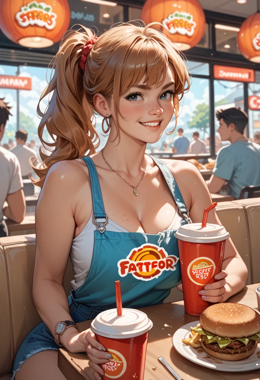 (cartoon style:1.2),  drawing, portrait of a character, goddess, blonde ponytail, athletic. toned, fit, flowing blue robes, crown, golden bracelet, buxom, cleavage, confident poised, looking at viewer, floating cheeseburger, french fries, soda drink, outdoors, lush green garden,