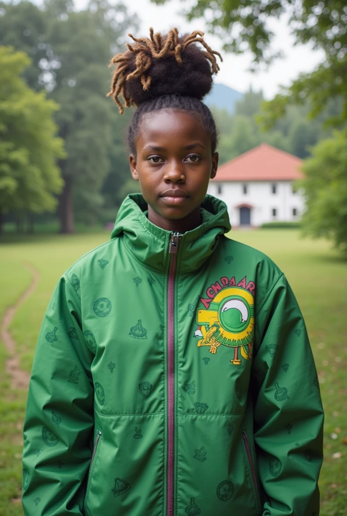 a 12-year-old black girl with long hair, ((green eyes)), clothes of cold brown, deep look, forest around, Sony FE, f/1.8, Eye-Level Shot, high details, highres, super detail, ccurate, masterpiece, 8k, 16k, UHD, anatomically correct, retina, high quality, best quality