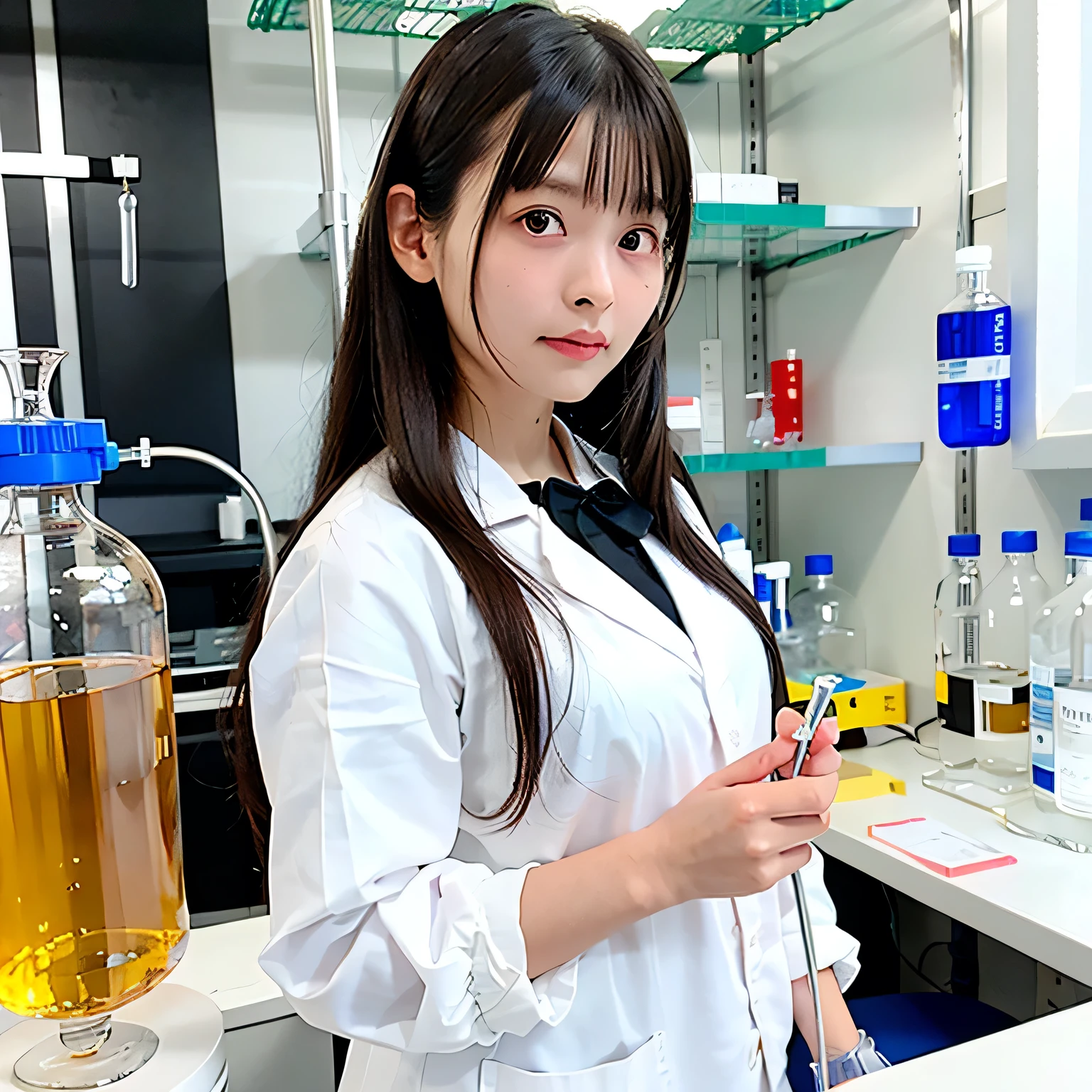 Depict a 20-year-old, stunningly beautiful woman conducting an experiment in a well-equipped science lab. She wears a pristine white lab coat over professional attire, her expression focused as she carefully handles scientific instruments. Whether her hair is long and neatly tied back or short and styled, she maintains a meticulous appearance suited for the lab environment. The background features shelves filled with scientific equipment, adding to the immersive atmosphere of the setting. Dark hair, long hair, dark eyes.