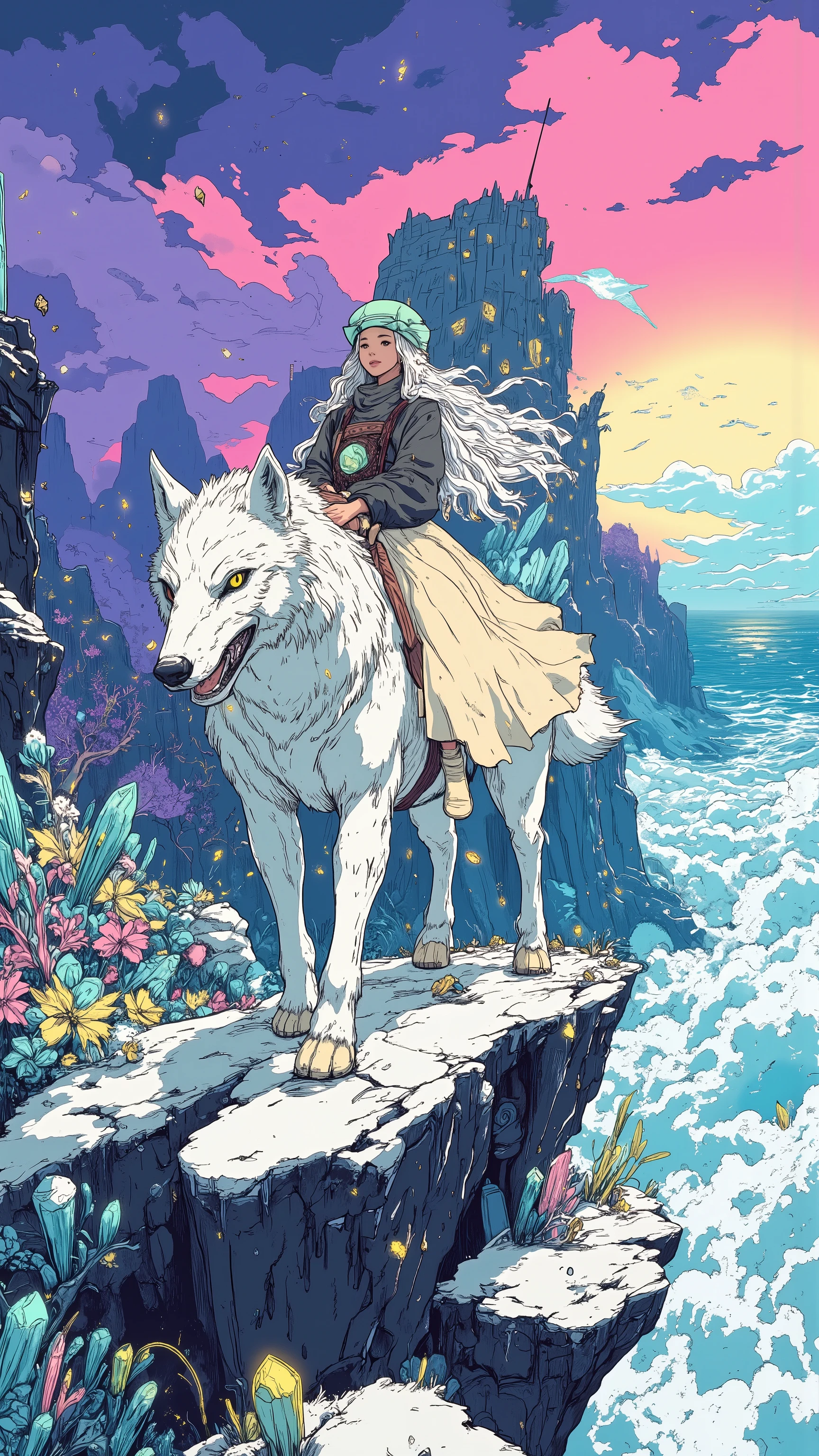Dream fantasy,The unreal colors in the sky have purple and pink gradients,galaxy,aurora, girl(21 years old,silver-white curls, long hair,head wearing a mint green gentleman hat,cream long dress,off-white canvas shoes)riding a huge silver snow wolf,On the Cliff ,There are crystal flowers all over the ground,There are waves in the distance