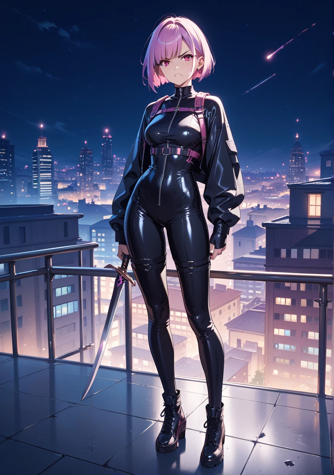 ((Personagem hyper realista)), (Mash Kyrielight de 20 anos), Fate Grand Order, sentada, coxas expostas, corpo inteiro, corpo perfeito, corpo intrincado, cabelo curto, cabelo rosa, eyeglass, hiper realista, qualidade extrema, maximum details, max quality, Hyper realistic cinematic lighting