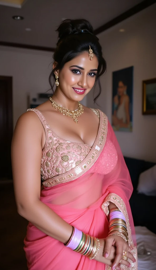 Foto RAW, photorealistic, photography, full body shot, master shot, perfect eyes, goddess like beauty, pierced eyes, perfect thick chubby mallu Desi aunty bhabhi, Wearing a Stanapatta, a chest-band.Saree model, model Photography, Indian saree shoot, Indian traditional wear advertising photography, traditional wear brand shoot, face of Indian actress Sonakshi Sinha, masterpiece, realistic, realism, incredible details, pleasure, photorealism, detailed skin, skin pores, high contrast, photorealistic Artstation 8k HD digital art trend of high definition and detailed realistic skin texture, ultra detail, realistic skin texture, armature, best quality, ultra high definition, (photorealistic:1.4),, high resolution, detail, raw photo, sweat, Re sharp, by Lee Jefferies Nikon D850 Film Stock Photo 4 Kodak Portra 400 Camera F1.6 Lens Rich Color Ultra Real Realistic Realistic Textures Dramatic Lighting Unreal Engine Trending at Art Station Cinestill 800,(pele altamente detalhada: 1.2), 8k UHD, DSLR, soft-lighting, alta qualidade, grain of film, Fujifilm XT3,she didn't like to wear blouse or bra, she is happy to wear only saree, she hates blouse or bra, detailed hairy armpits, hyper realistic skin, skin pores, sweat, veins,