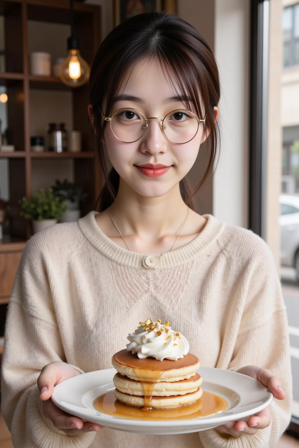 ((Masterpiece, Top image quality, high resolution、alone、skin shiny))(on the table, best quality, actual, super detailed, meticulous, high resolution, 8k wallpaper), Close-up portrait of a beautiful woman, like, smiling, light brown messy hair, Perfect dynamic composition, 美丽meticulous的眼睛, Just like the cover of a fashion magazine, on campus,wearing gold glasses