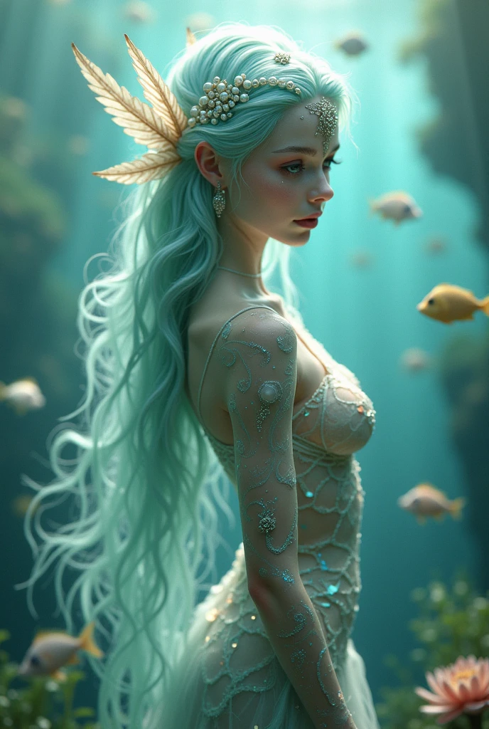 high quality, detailed, 1girl, underwater, skeleton, corpse, very pale skin, large breasts, Underwater, where coral tendrils and vines abound, a girl (mermaid) looks at you among a pile of bones and skulls. Her eyes glow with an eerie light.