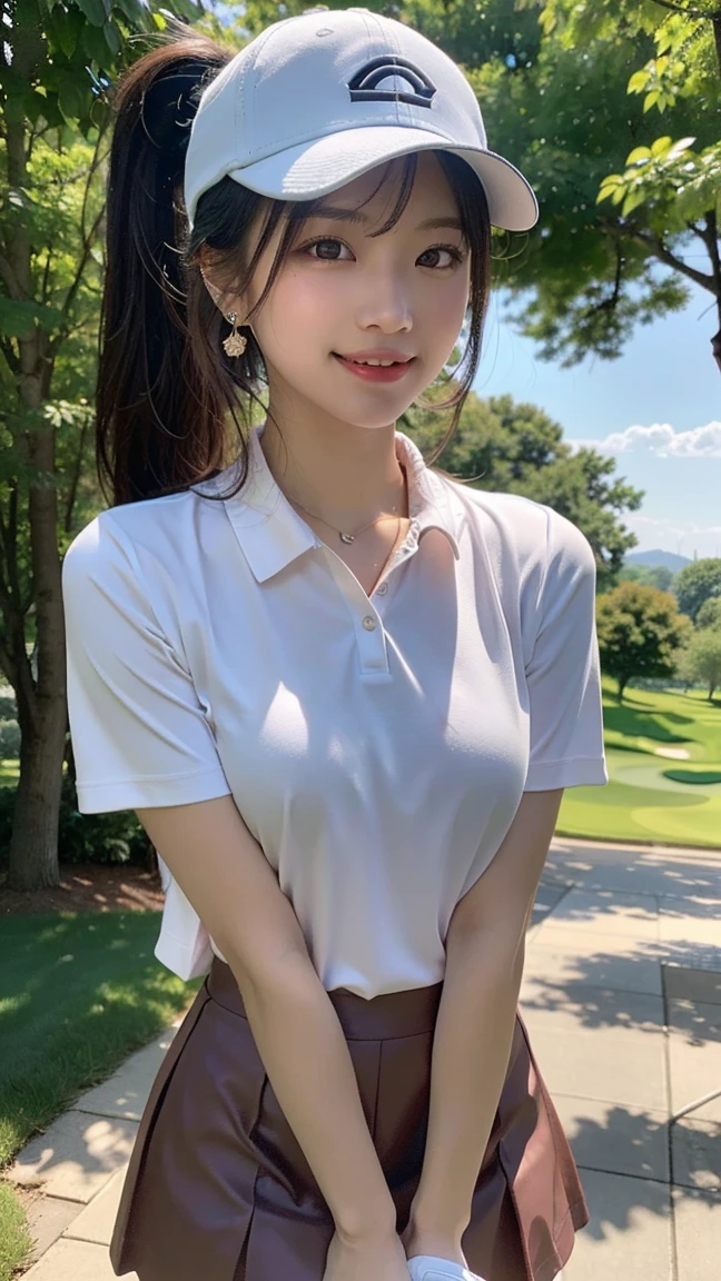 ((Best of the highest quality, 8k, Masterpiece: 1.3, raw photo)), Sharp focus: 1.2, (1 AESPA, slim body type female, 21 y/o: 1.1), (Solo: 1.2), (realistic, photo-realistic:1.37), face focus, cute face, finely eyes, (small breasts, flat chest, Thigh: 1.3), (short messy hair, updo: 1.28), (polo shirt, panties: 1.32), sitting terrace dining, cafe, sun light, flower