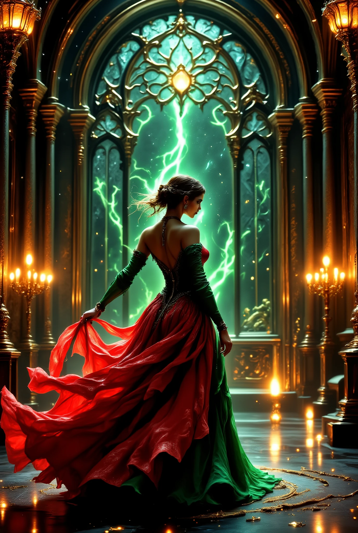 amazing art , beautiful, Favorite Girl , in the Ballroom Dress are red and green, Attractive and Sexy, Her dress swells in the wind, The beautiful movements of Dance, under the Glitter of the Stars, creating a magical sparkle, The light from the Beautiful Patterned Window, Breaks into the Beautiful Neon Stage, The flickering stars in the dark gives some mystery and mystery, very beautifully, Masterpiece, fantasy style, high quality, ((better quality)), hyperrealism, best artist , Exactly, Wonderful, Fine, 16k, ultra detail, complex textures, complex details, Wonderfulе изображение,