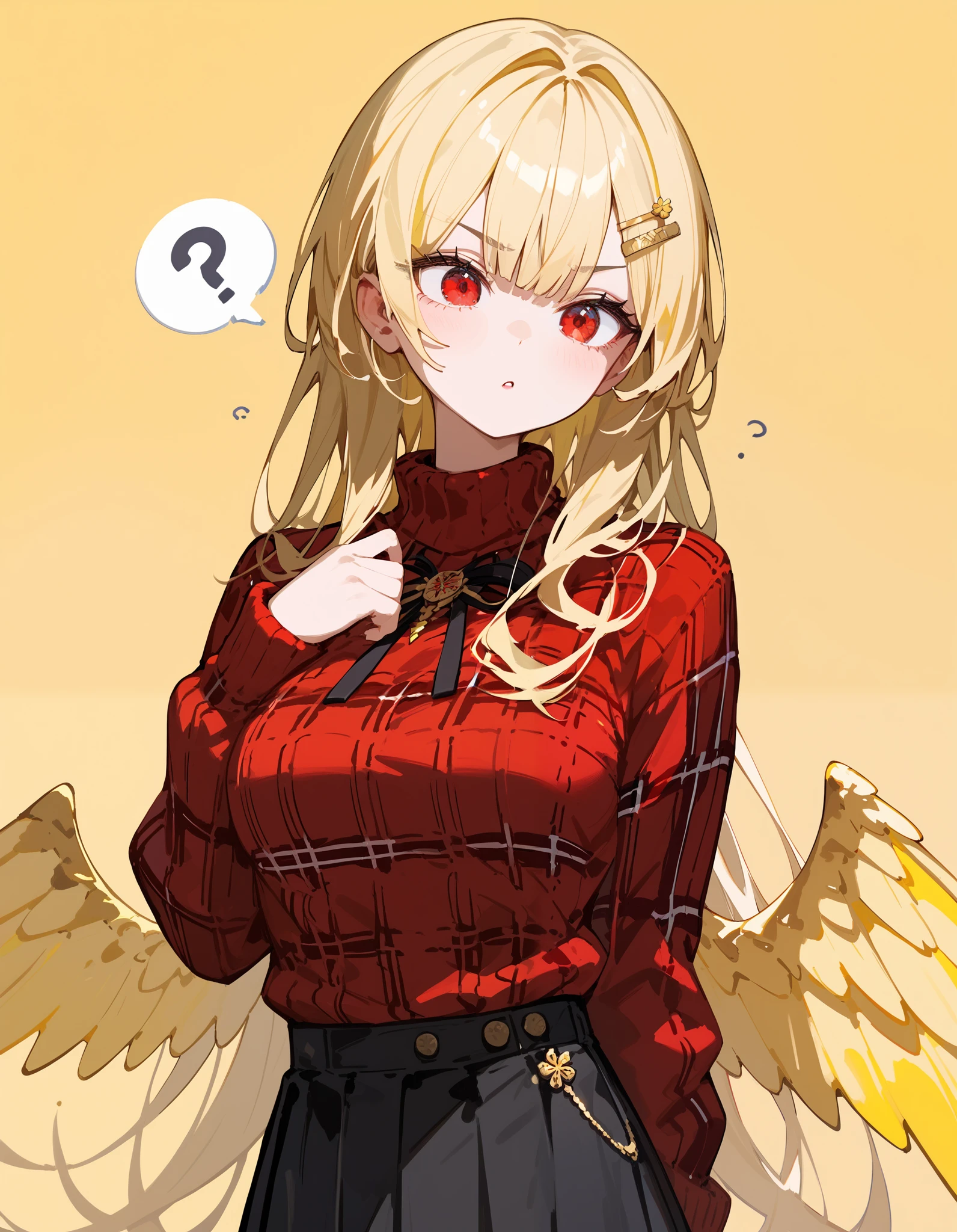 girl,Yellow hair,in red eyes,Medium Bust,Red plaid sweater, black skirt,long hair,With yellow wings on the back, light yellow background ,Slim Gold Hairpin,Confused,