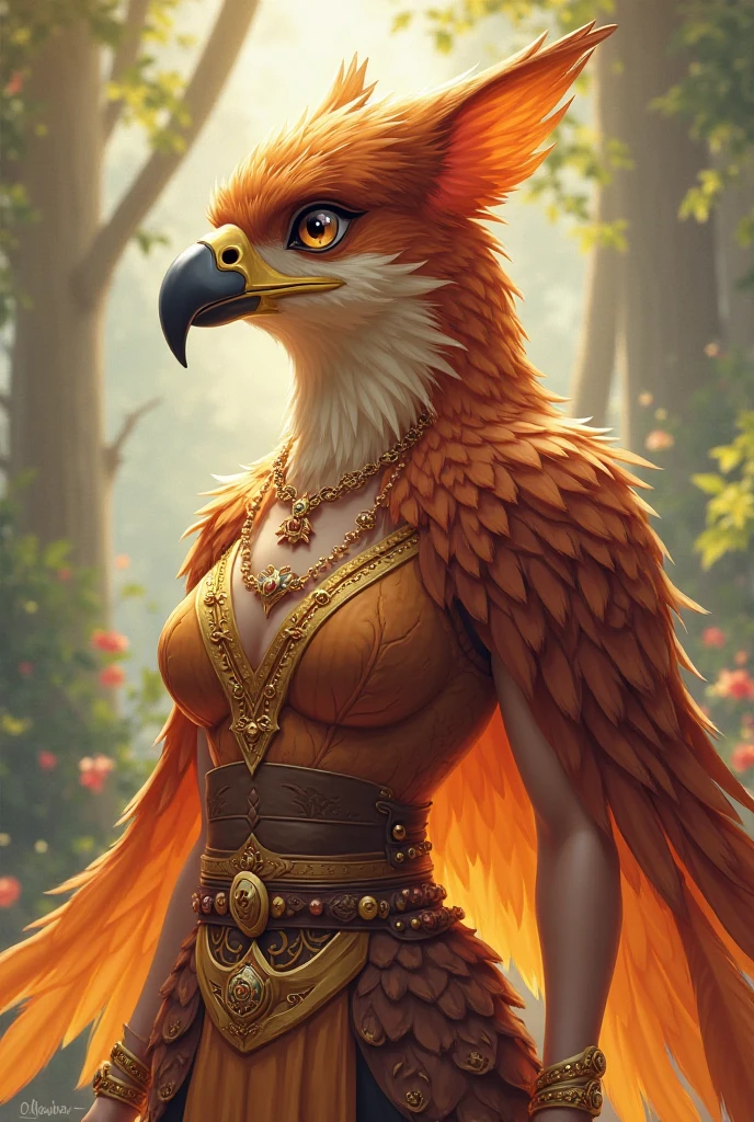 female anthro phoenix, highly detailed fur, big breasts, full body, wings, golden bra, golden panties, midriff, avian, fire, laying down