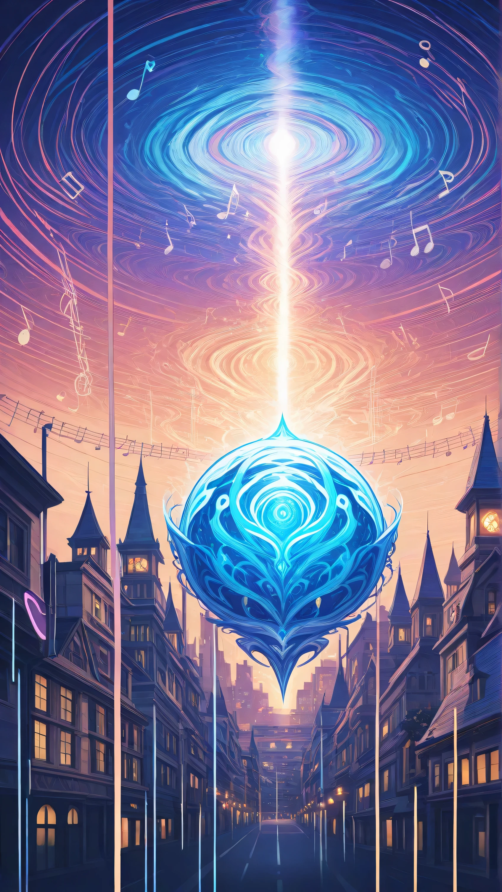 An abstract and surreal image featuring a large eye at the center, symbolizing the moment of 'seeing and feeling.' Inside the eye, a dynamic scene unfolds with a blend of cityscape and natural landscapes, creating a sense of transformation and time. The eye is surrounded by flowing lines of light, representing the swift passage of time. The background shows an ever-changing world with a fusion of night and day, where urban structures like glowing streetlights, buildings, and streets merge with nature, creating a dreamlike, psychedelic atmosphere. Soft glowing trails of light swirl through the scene, with subtle overlapping faces that shift and change, suggesting a blend of reality and fantasy. The color palette is vibrant and surreal, with shades of purple, blue, gold, and orange, emphasizing contrast between light and shadow. Elements like radio waves, musical notes, and sound symbols gently integrate into the background, reinforcing the lyrical theme 'Radio’s playin’ loud, I can hear