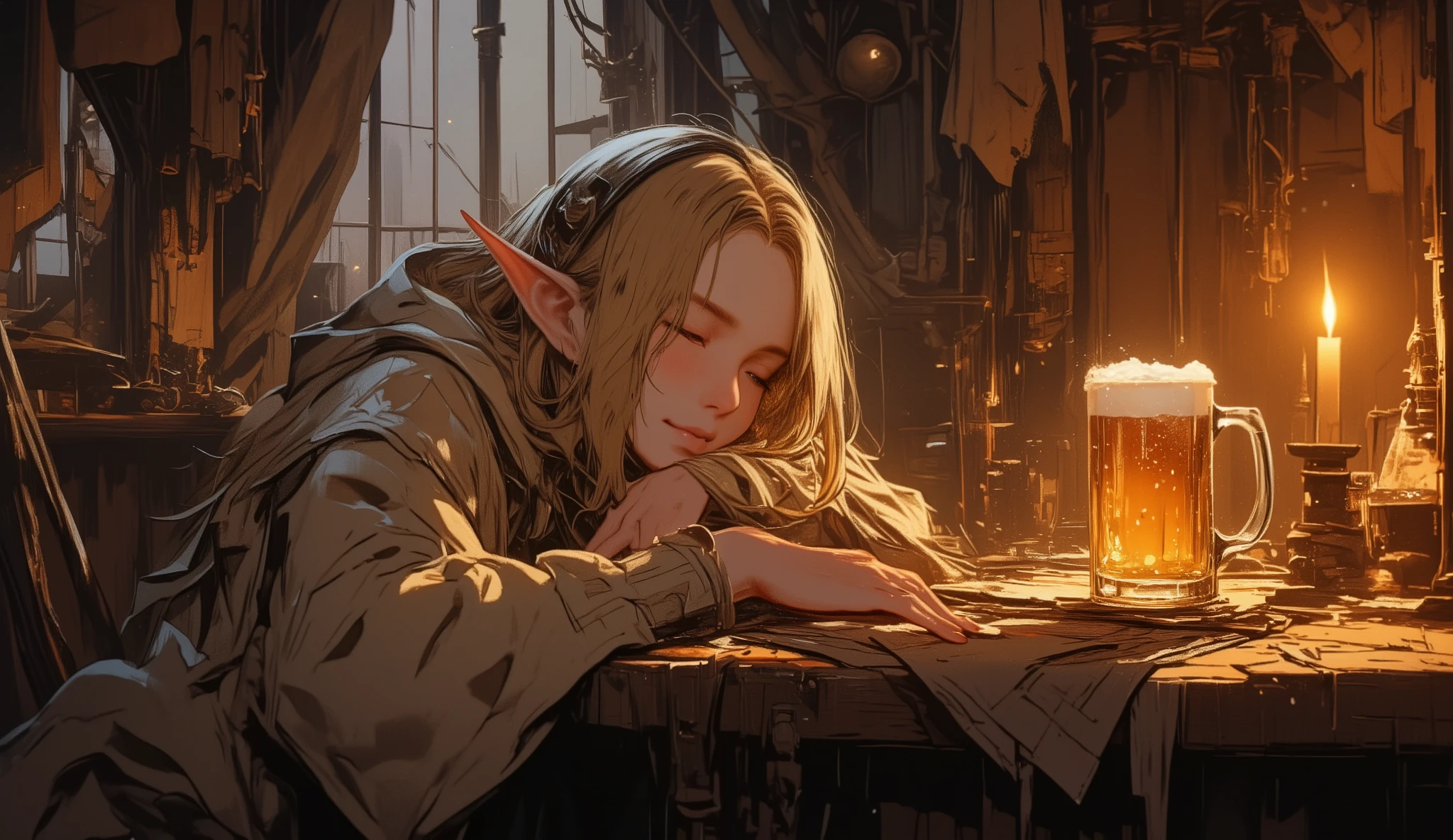 The blonde elf lies peacefully in the tavern, her blond hair falls softly on her shoulder. Sweet, barely noticeable smile, as if in a dream she is dreaming of something warm and joyful. There is a mug of beer next to her on a wooden table, plays on her face, her candle flickers with soft light, filling the room with an atmosphere of comfort and peace. The scene seems to be breathing peace and warmth, reminding her of rare moments of complete peace.