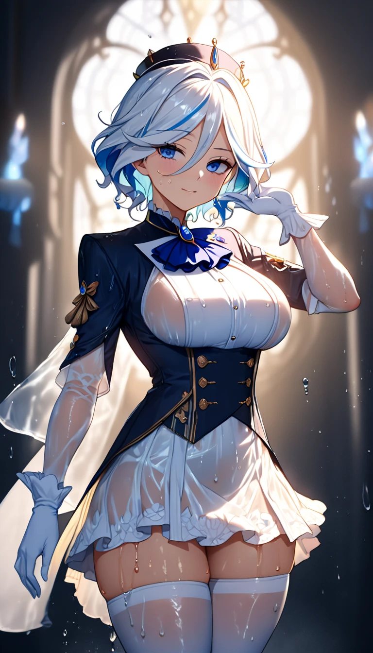 （Pure white dress 2）（A sword made of water hangs above my head2）（Super big breasts 1.5）, Surrealism, 8K, Super details, hydraulic archon, Thick thighs, standing, melancholy face, smug, beautiful eyes, masterpiece, High resolution, 8K, anime woman, The writing is delicate and meticulous 、Detailed digital illustrations、(((Genshin Impact))、shiny hair、a very beautiful woman、High image quality, high quality、Detailed background、The inside of the eye sparkles like a diamond、(((White hair)))、(((Scan your bangs)))、Gradient pupils、(((2 arms、4 fingers, 1 thumb)))、Detailed female face、a very beautiful woman、、Detailed background、​masterpiece、soft focus , Bright gradient watercolor , lens flare , (((flash))) , glow , Dreamy opera house background