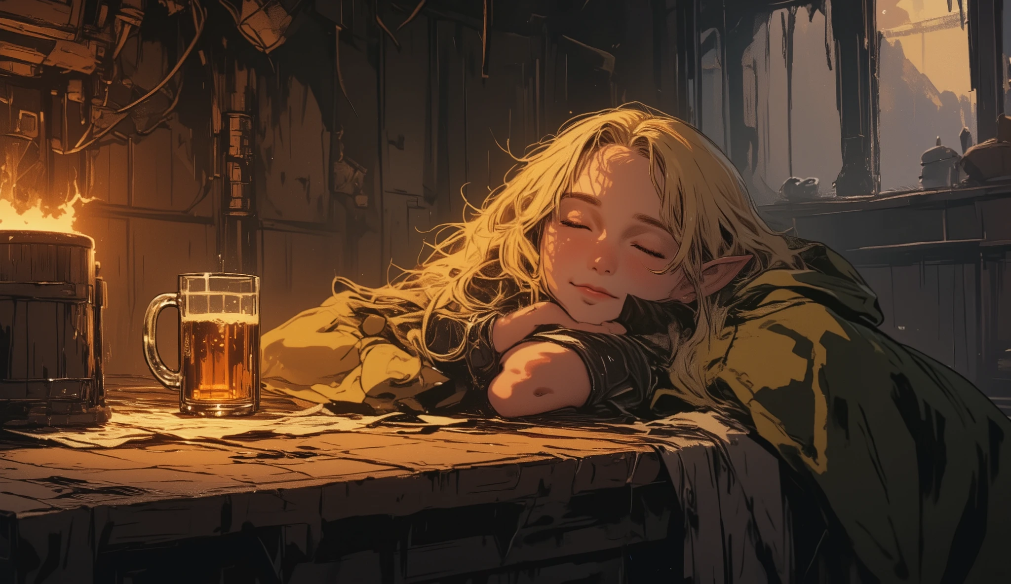 The blonde elf lies peacefully in the tavern, her blond hair falls softly on her shoulder. Sweet, barely noticeable smile, as if in a dream she is dreaming of something warm and joyful. There is a mug of beer next to her on a wooden table, plays on her face, her candle flickers with soft light, filling the room with an atmosphere of comfort and peace. The scene seems to be breathing peace and warmth, reminding her of rare moments of complete peace.