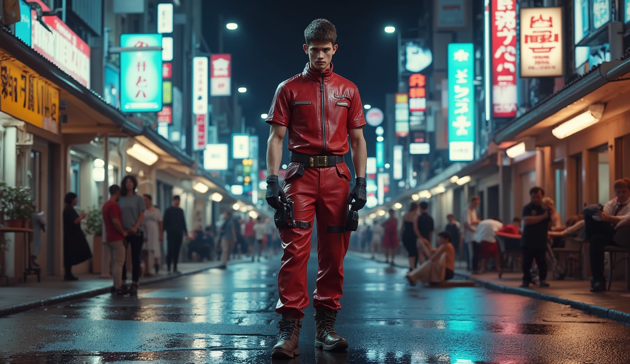 8,000 , masterpiece , Danny,Highest Quality, Medium shot, Oblique side,1Man,standing,Akira's Kanada one-piece workwear+++,non-high neck design,short-sleeve red leather jacket+,red long Leather Pants,brown black long leather boots, non-high neck base layer, narrowed waist with ribbed texture, black belt with polished chrome buckles,, black gloves , cyberpunk fashion design, neon lighting, --no armor mechanical robot --ar 3:4 -- in 6,midnight,No crowd, Cyberpunk empty street scene,Wet,