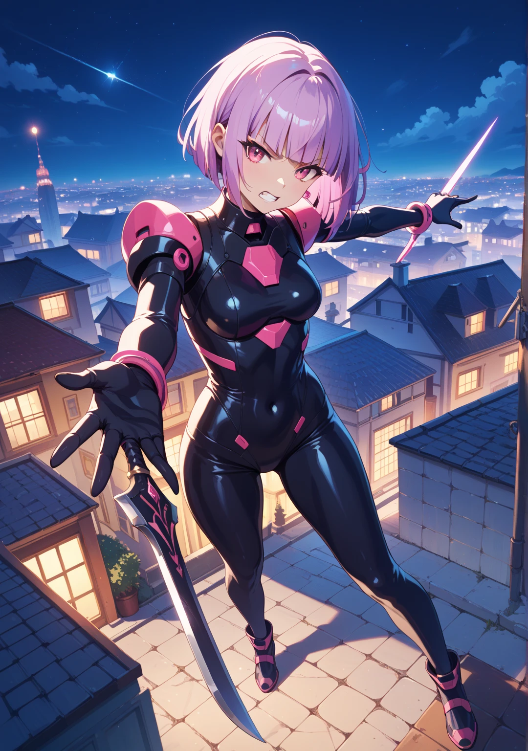 ultra-detailed, ????????, Beautiful body, Beautiful Nose, Beautiful character design, perfect eyes, perfect face, ultra highres, 4K, beautiful legs, perfect legs, Nice hands, Perfect hand, Masterpiece, Best Quality, Highly detailed, illustration, absurdres, perfect ???????, street fighter, doll suit, shadaloo doll, dollsuit, expressionless, blank eyes, looking at viewer, red gloves, emotionless, black latex, corrution, mind control, female combatant, full body, hypnotized, unhappy trance, full body suit, ribbed bodysuit, both arms at side, obey, perfect female body, extremely glossy latex, hypnosis, hypnoLora, empty eyes, Blank eyes, Mind control device, poses, submissive_pose, Slave, stand up straight, standing, standing at attention, hat, necktie, belt, latex, ribbed bodysuit, thighhighs, garter belt, Fighting Stance, extending the right arm from the shoulder into the air with a straightened hand, military, thigh boots, 1girl, hair ornaments, pink hair, short hair, pink eyes, (((pixel-perfect, detail-perfect))), solo, 1girl, Riri Hitotsuyanagi, Assault Lily