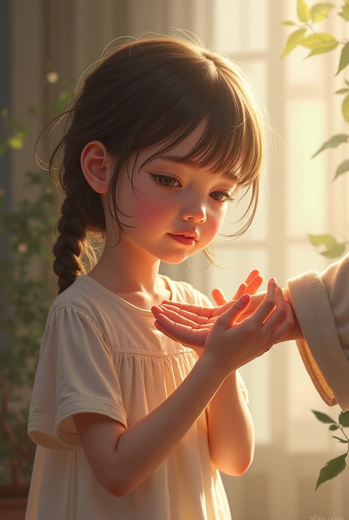 girl holds hand with bent fingers