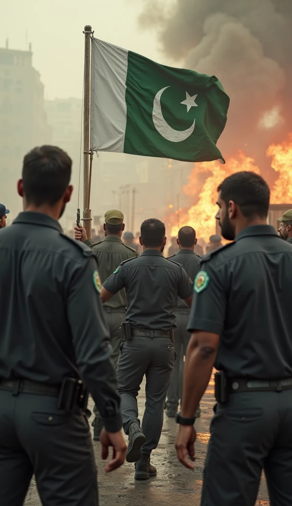 Pakistan police officer stand in fire . Pakistani flag in hand. Dress colour skin colour trouser and black shirt 