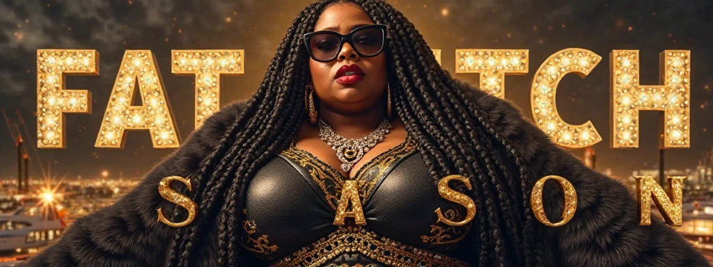 Busty 250 pound obese  black female rapper on stage.  She has (( unreal, oversize, large saggy tits showing massive gross cleavage:1.2)) and holding a (microphone on stand:1.1). ((she is wearing makeup, bright red lipstick, a cross pendant, and a slutty and revealing red dress)), ((her mouth is closed))