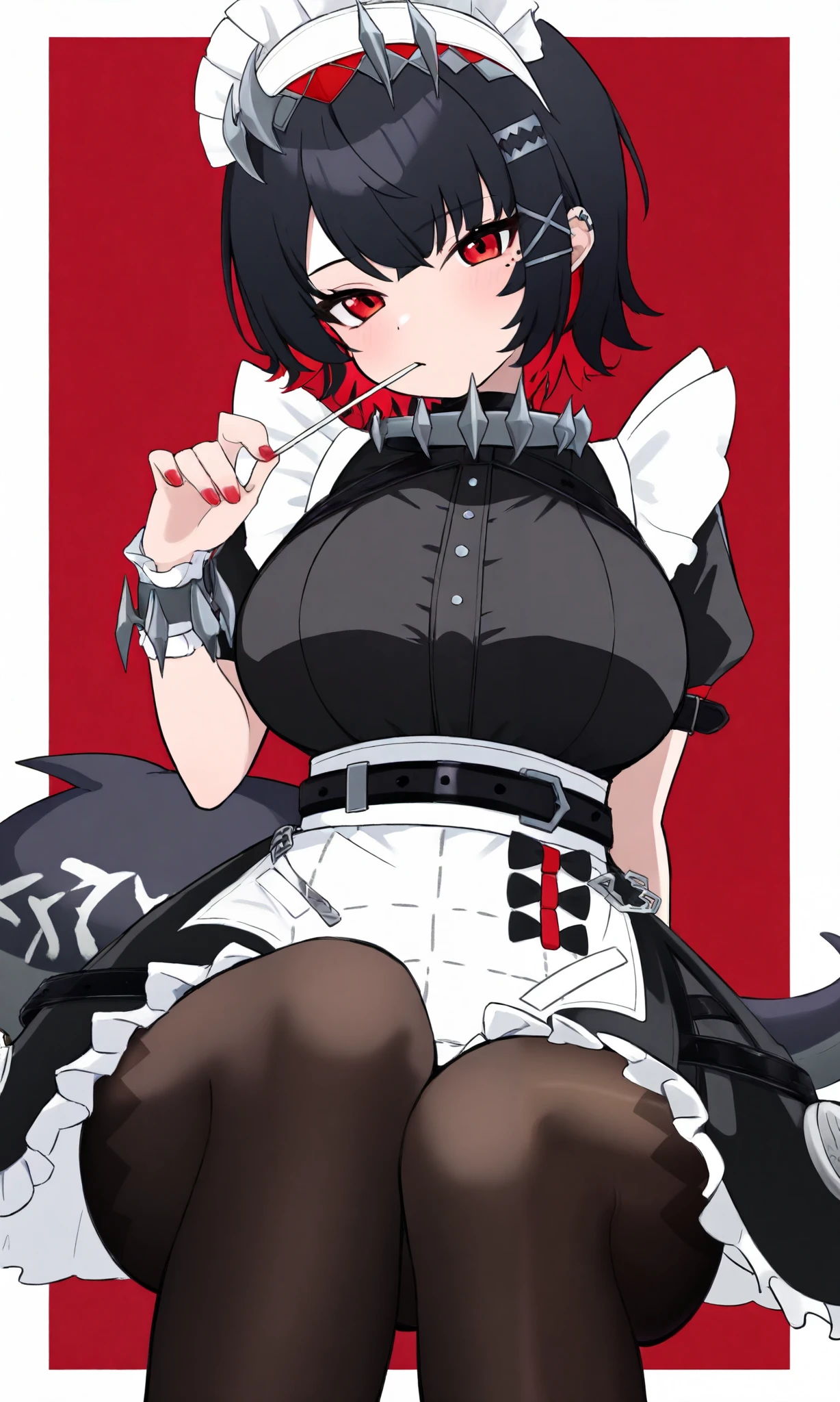 masterpiece, Best Quality, high resolution, アブサー dress, 1 girl, ellen_, red_eye, black_hair, short_hair, colored_Inside_hair, big_chest, _tail, hair_Ornament, hairclip, x_hair_Ornament, Spiky_hairband, Spiky_bracelet, Spiky_ color, Maid, Maid_head dress, black_ dress, frills, ふくらんinいる_short_sleeve, Maid_apron, black_belt, bow, (brown_pantyhose), それまin, white_Border, red_background, lollipop , sitting, Food_in_mouth, Dutch_angle, on fe_in_viewer, red_nail