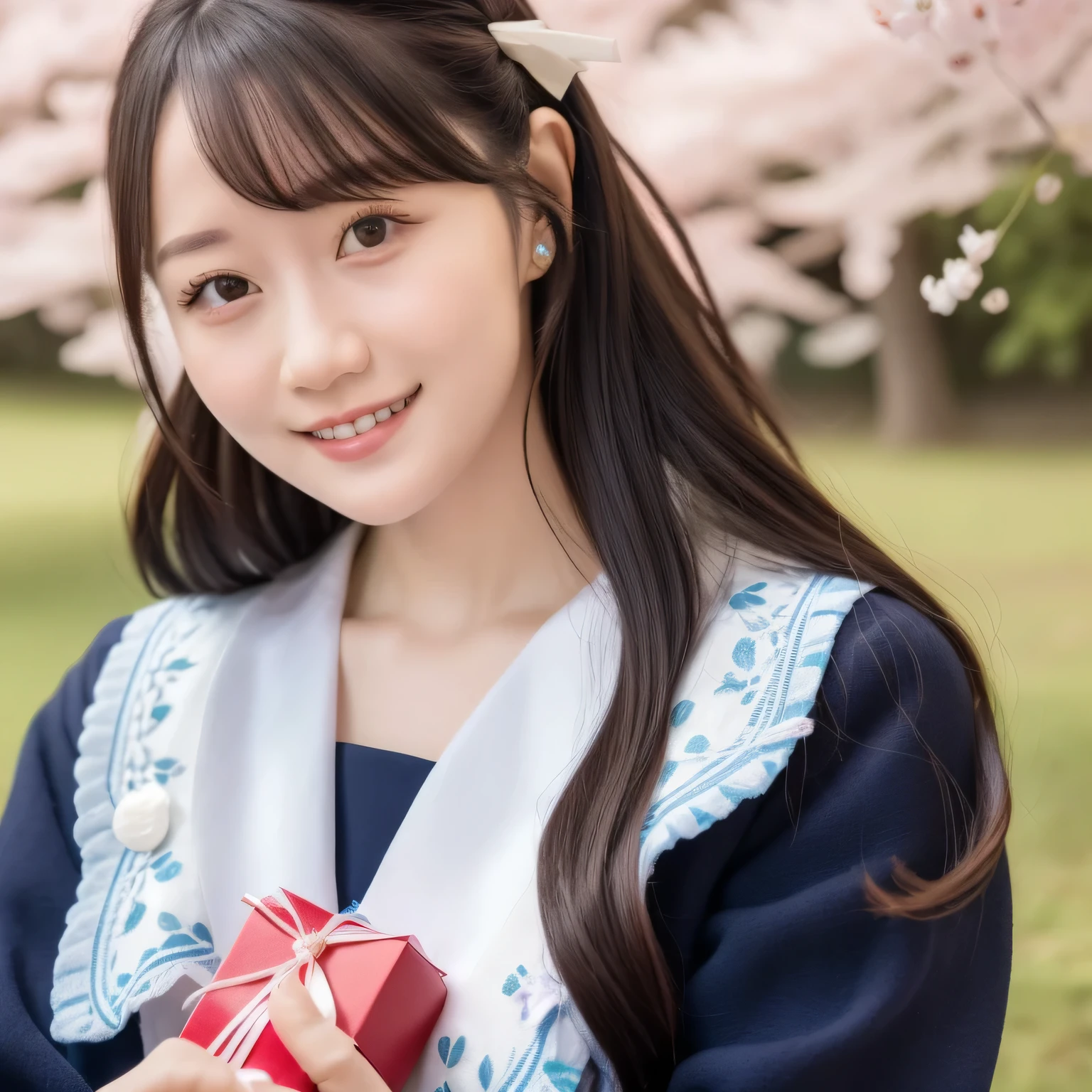 A breathtakingly beautiful 20-year-old woman stands in a lush park filled with cherry blossoms in full bloom beneath a clear blue sky. She wears a classic sailor uniform and gently holds a small, neatly wrapped gift box adorned with a red ribbon. Her radiant smile and joyful expression convey heartfelt happiness. Dark hair, long hair, dark eyes.