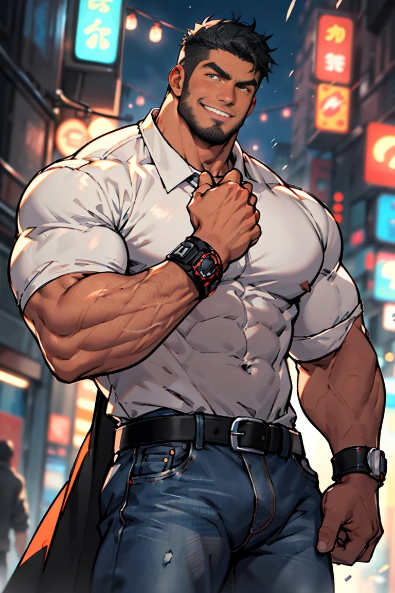 male, wearing tight shirt, fluffy chest, chest up bust shot, big chest, 8 pack abs, thicc, insanely inflated hips, chest, formless breasts, big shoulders, ripped clothes , extremely muscular, huge bulge