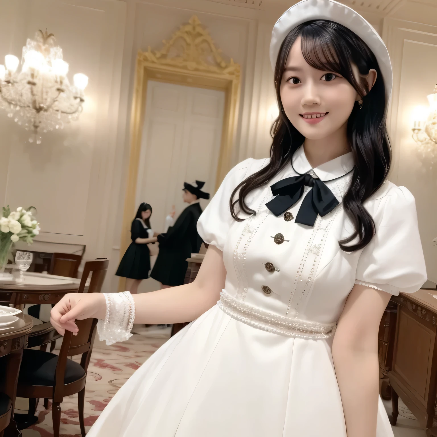 A breathtakingly beautiful 20-year-old woman stands in an opulent mansion room, dressed in a classic black-and-white maid outfit with a short hem and a white brim cap. Her confident smile radiates warmth. The room features elegant furnishings and decor befitting a grand estate, bathed in soft, natural lighting that enhances the sophisticated ambiance. Dark hair, long hair, dark eyes.