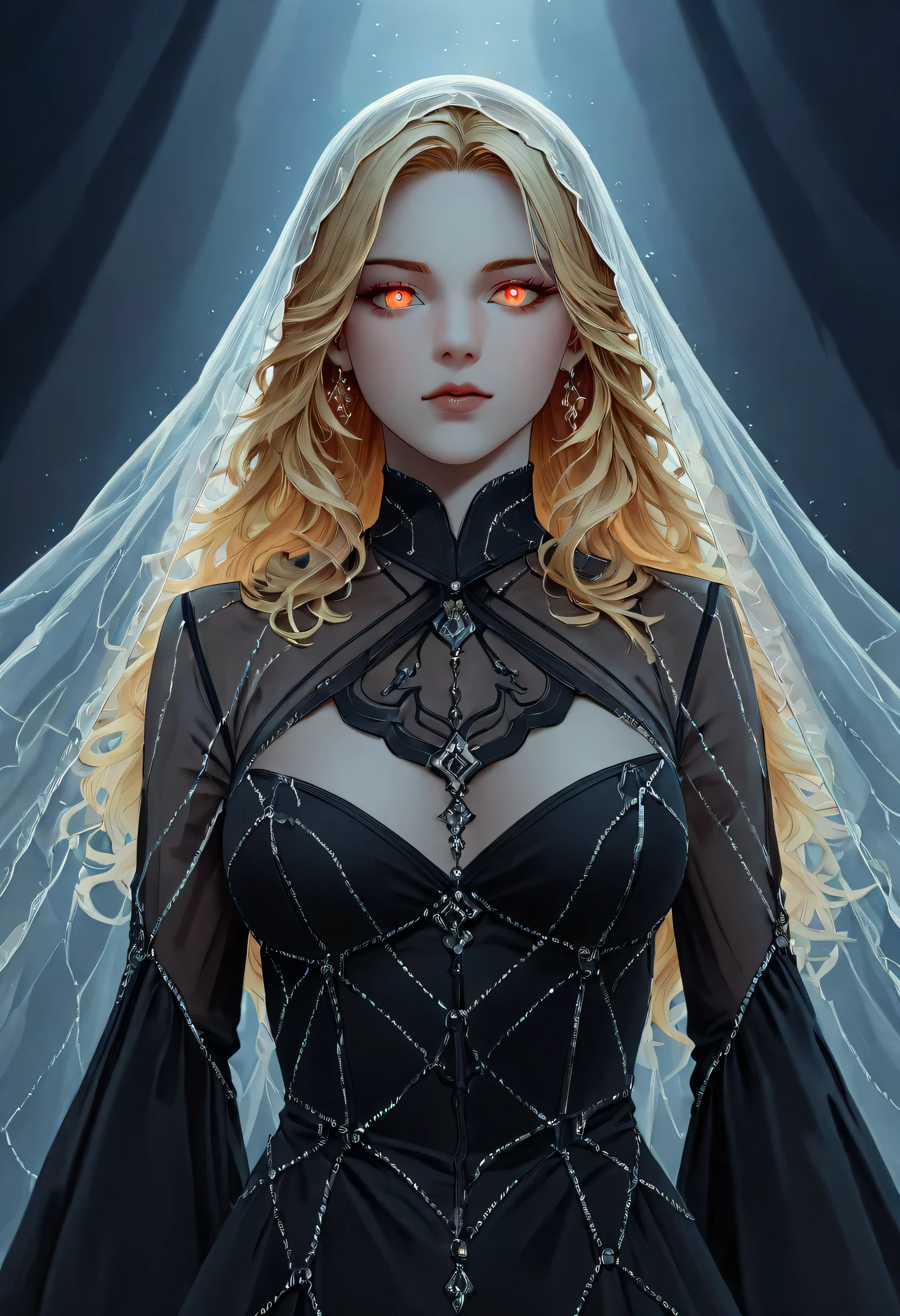 dark fantasy art, a picture of a fantasy, beautiful female vampire, best detailed face,  pale skin, blond hair, glowing eyes, red eyes, wearing black dress, (transparent voile fabric dress: 1.3), intricate dress, it is night time, the moon is in the sky, a sense of eternal love, soft light. moon rays. high details, best quality, 16k, [ultra detailed], masterpiece, best quality, (extremely detailed), ultra wide shot, photorealistic, RAW, fantasy art, dnd art, fantasy art, realistic art,((best quality)), ((masterpiece)), (detailed), perfect face, fantasy