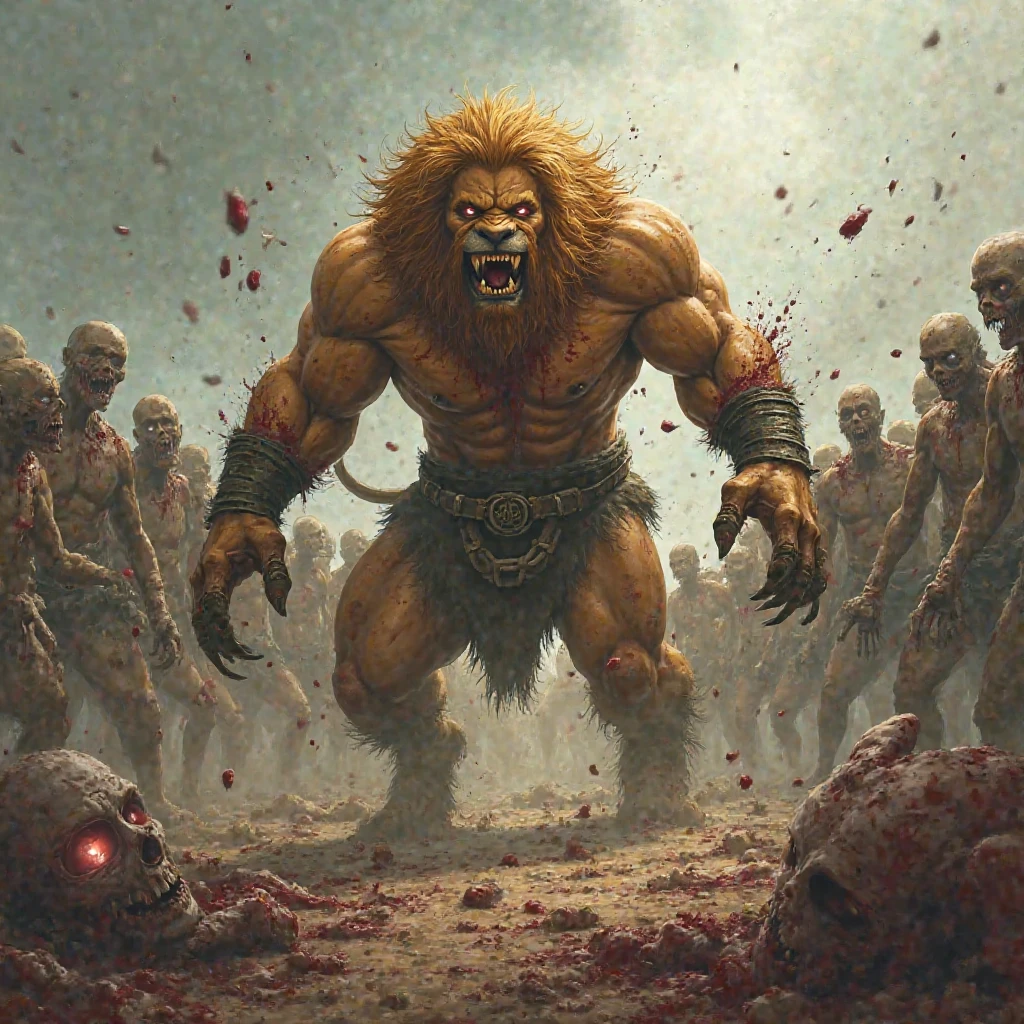 A Lion with human features, gigant ass, with a belt that says PWW. Protegendo uma filhote no colo e Lutando contra dois zumbis gigant asss ensanguentados, and thrusting a sword into a third zombie