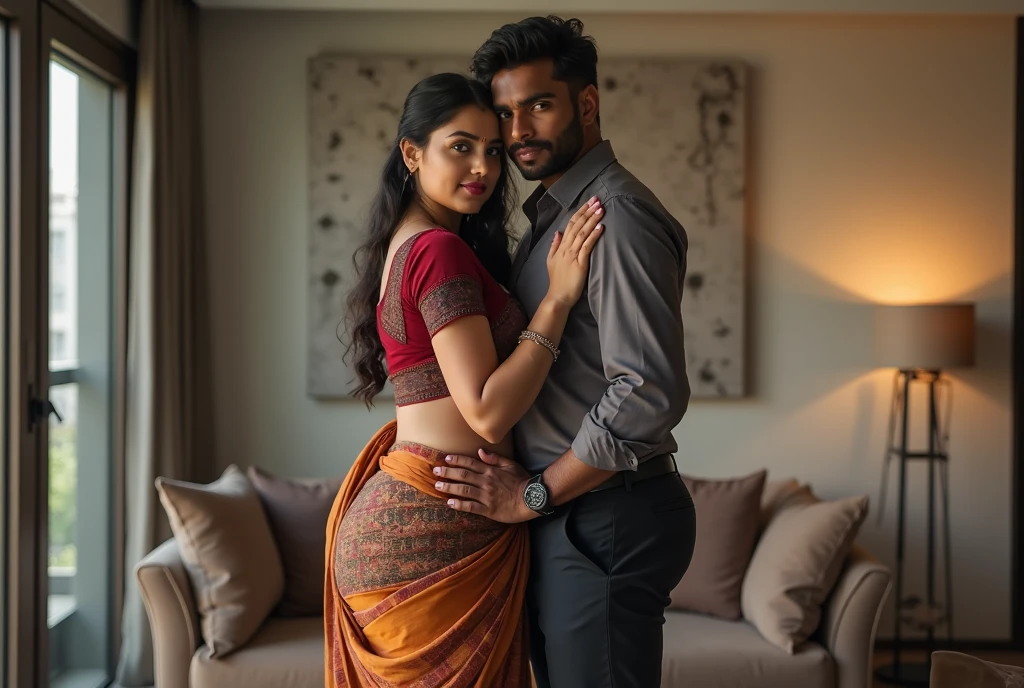 Beautiful and Slim, Sexy Indian woman in black blouse golden saree lifting a large chubby man above her shoulders, man is sitting on woman's shoulders, in a bedroom with high ceiling, natural smile, woman is looking into the camera , full body image