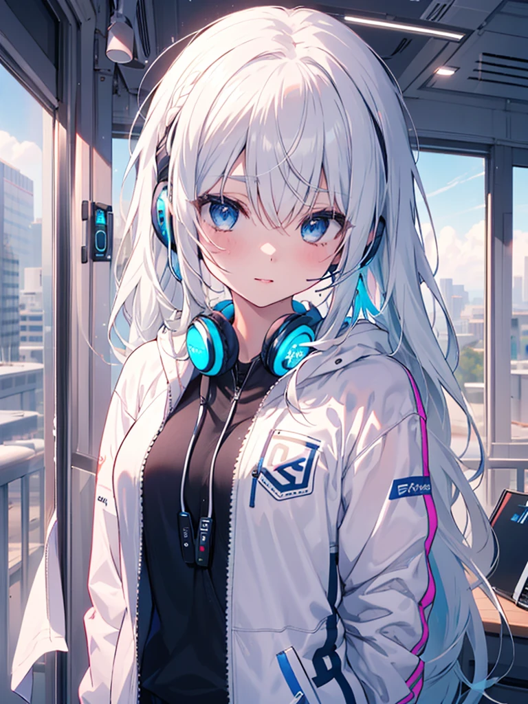 ((Blue shining mechanical eyes:1.4))、((8k)), ((32k)), ((highest quality)), ((masterpiece)), ((超A high resolution)), ((Tmasterpiece)), ((halo:1.4))、((銀色のメカニカルheadgear:1.4))、((Silver Cyber Headphones:1.3))、Fine skin, High quality fabric、((Beautiful and dense face))、RAW Photos、Professional, Ultra-fine painting, ((alone)), Beautiful breasts、highest quality, Very detailed, Very detailed詳細, Finer details, so beautiful,bangs, blue eyes, (Wearing a pink nurse's uniform:1.3)、cowboyshot, Leaning forward, Place your arms behind your back,cowboy_shot, Side Focus, headgear, Shiny、(Five Fingers, Four fingers and thumb)、 (((Long silver hair)))、Sleek and intimidating design,8k high quality detailed art, 3D rendering of character art in 8K, neat legs, Defined, Defined fingers,((headshot:1.3))