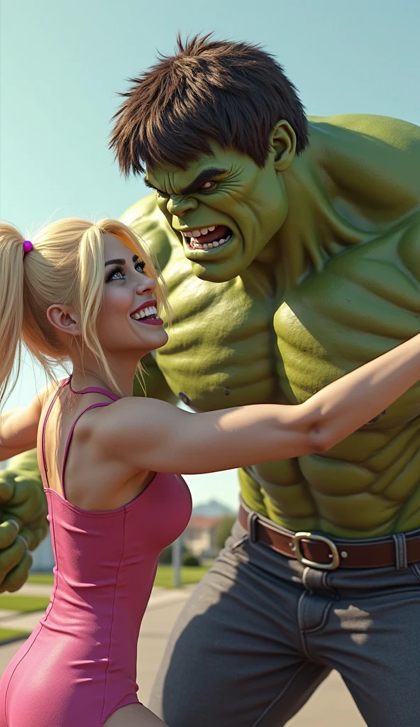 a giant green muscular man,the Incredible Hulk,laughing heartily,in a fierce battle with a female villain wearing an Easter Bunny costume,Hulk wearing rabbit ears,dramatic action scene,cinematic lighting,epic scale,vivid colors,hyper detailed,photorealistic,8k,3D rendering,concept art style