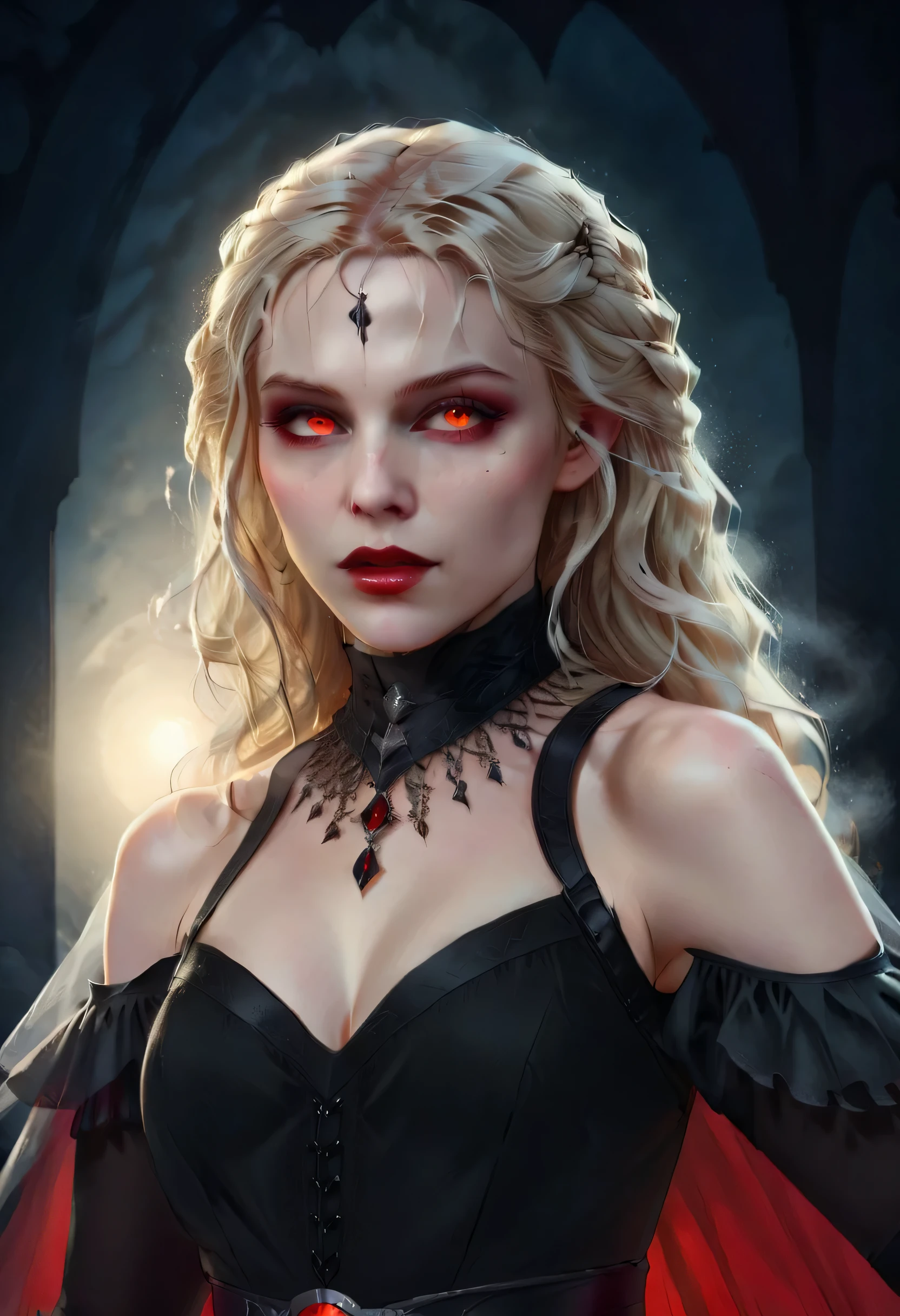 Arafed, dark fantasy art, glamour shot, award winning shot, photorealistic, a portrait of a female vampire drinking a ((glass of blood)), blond hair, dynamic hair style , long hair, red lips, (glowing eyes: 1.5), dynamic eye color, dynamic color, she wears, an elegant (black dress: 1.5), catholic church and altar background, bar background, 16k, ultra detailed, masterpiece, best quality, (extremely detailed), rpg portrait, art by mooncryptowow, photograph, FFROA, vampire teeth