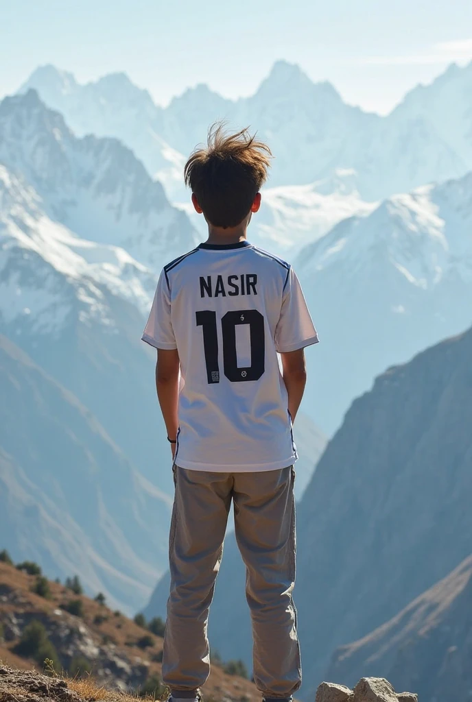 A boy wearing a real mardid
jersey is sitting on a wall and behind his jersey is the name Rajbi, the wall is black and there will be a flash of light in front of the boy.The boy's hair will have a nice haircut