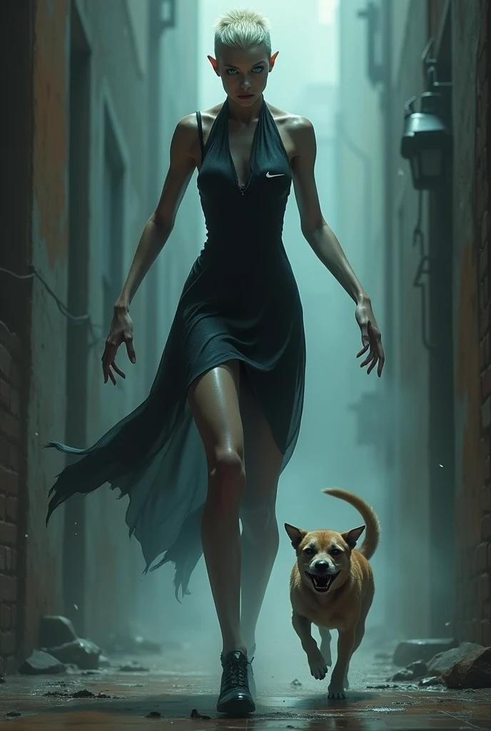 A girl is undergoing metamorphosis into a humanoid wolf in the middle of the city. She's standing on the sidewalk, with your back to the camera. She's wearing a long black dress and her hair is loose. Your skin is starting to change color, and her teeth are starting to grow. Her eyes are closed and she's making an expression of pain. The moon is full in the sky, and the stars are shining. The street is empty, And the only thing you hear is the sound of the wolf's howls.