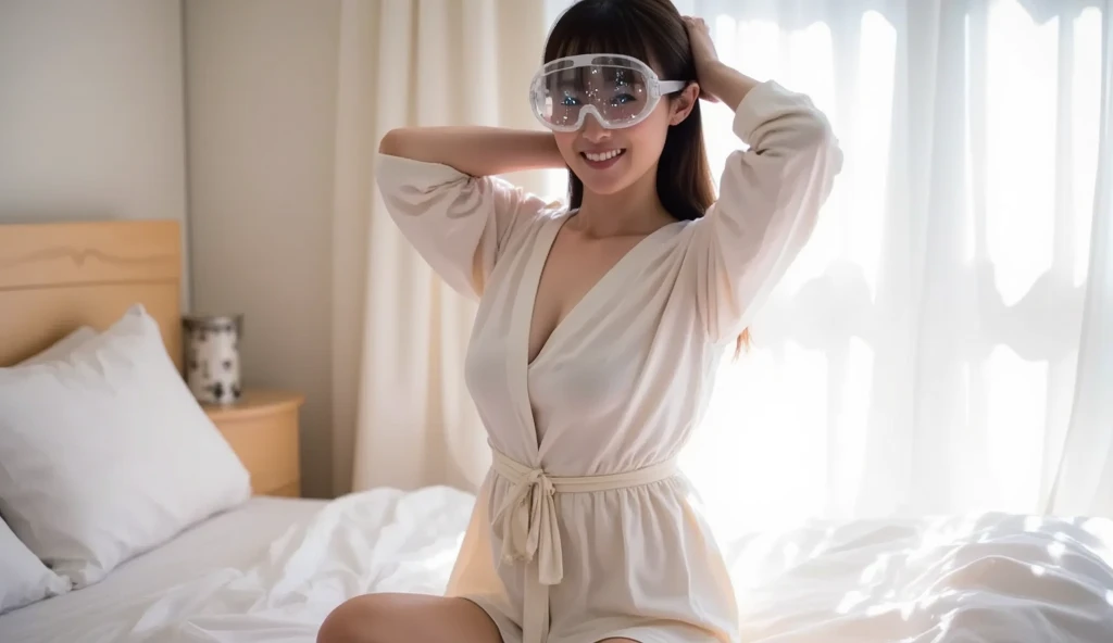 then the woman put on a vr headset and began to relax in modest clothes