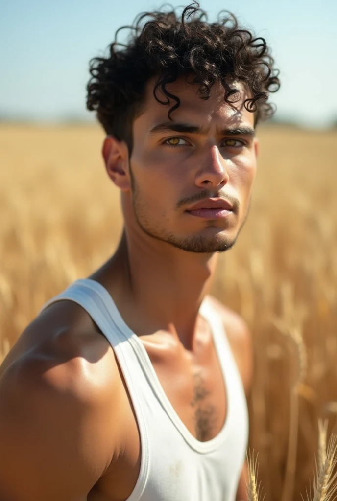 a lean skinny shirtless 18-year old caucasian boy wearing loincloth, faded black hair, cute face, brown eyes, tanned skin, drenched in sweat, sweating profusely, in the wheat farm