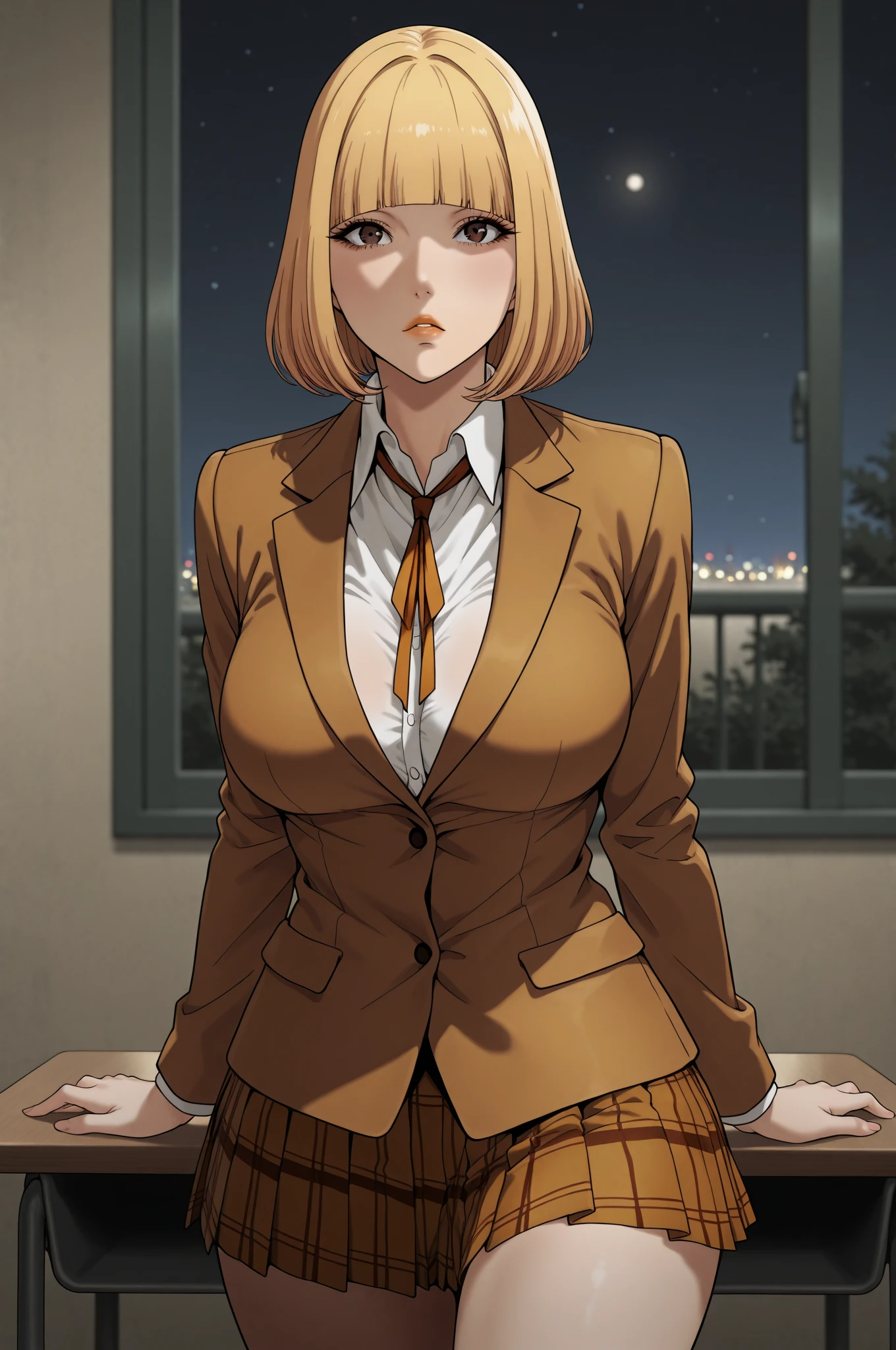 HnMdrkw-KJ , brown eyes , brown jacket, collared shirt, neck ribbon, plaid skirt, school uniform, blonde hair, Masterpiece, 8k, top-quality, best quality, official art, Beauty and Aesthetics, extremely detailed, full color, huge breast, serpentine body,