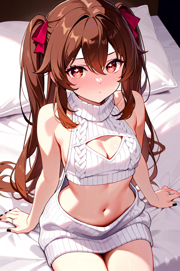A anime girl, milky white skin, light brown hair, lying down on a bed on her stomach, wearing black jean booty shorts, with a white crop top
