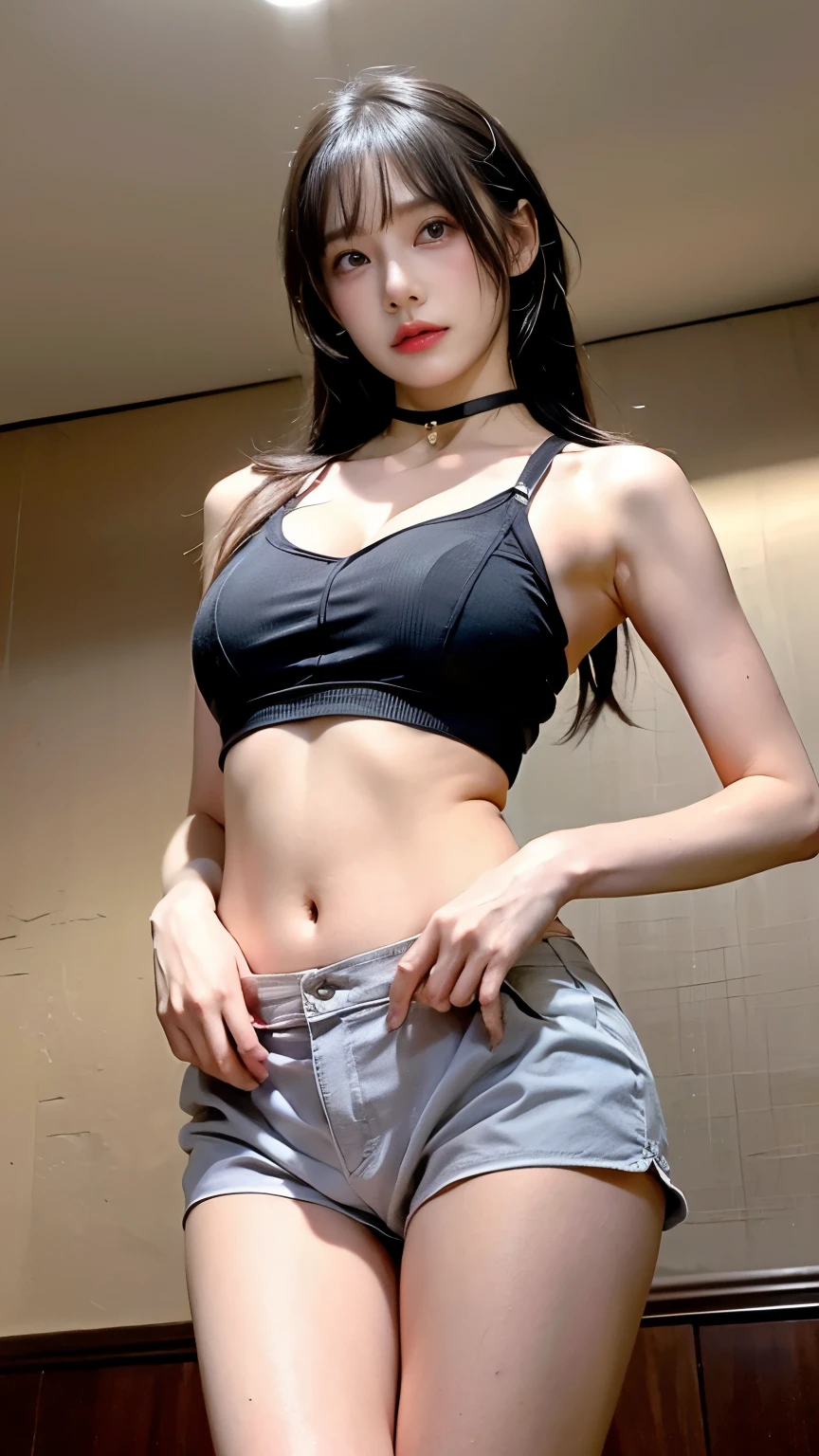short black hair, with slightly messy bangs. Dark, penetrating brown eyes. Thin and marked build. She wears torn black shorts, blue tennis shoes, and a pink navel blouse with straps. He has an axe in his right hand and a backpack on his back. Busty.