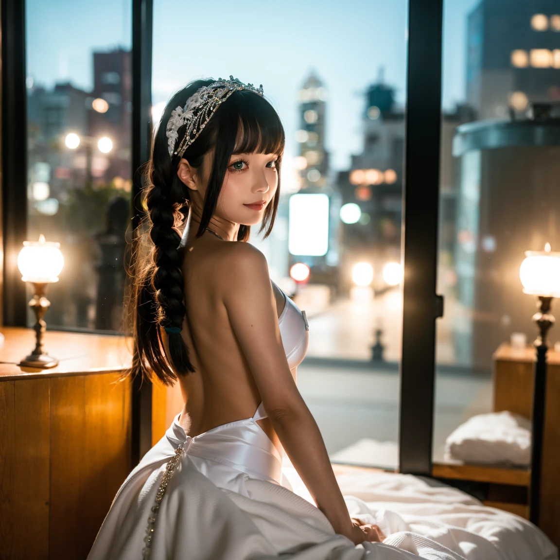 Looking up, 8K, masterpiece, Most detailed, Highest quality, bath, create a sense of fit, Cute Girls,Side Tail, (Wet),moonlight,((wedding)),pubic hair,Veil,(((bride))),((Show off)),(buffy nipples),Ecstatic expression,Outdoor,White lace,Nipples,Bright lighting,Ample breasts,Saggy breasts,Hime cut,