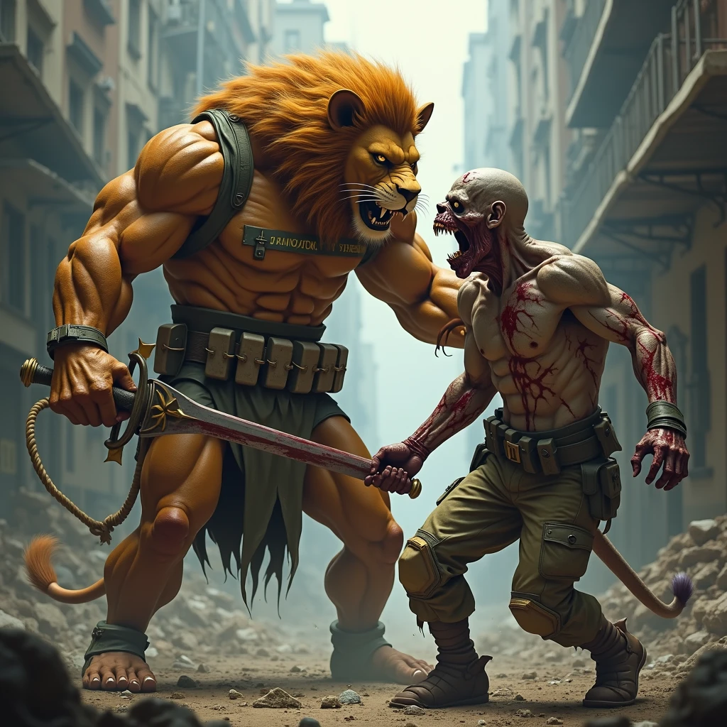 A Lion with human features, gigant ass, with a belt that says PWW. Lutando contra um zumbi gigant ass ensanguentado