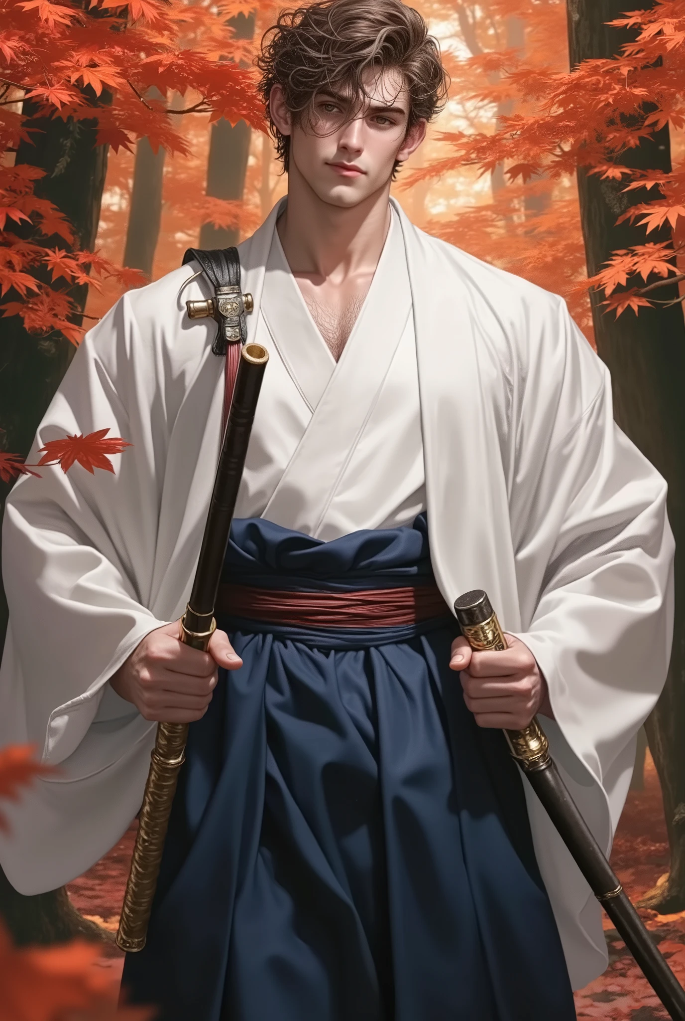 29-year-old man who looks young,  measures 1 . 80 meters high , Handsome Kendo (solid white kimono top and long dark blue high-waisted maxi (skirt, Also) with dark blue obi:1.4), sweat, sparkling sweat, shaking, (short and very curly brown hair:1.2),  emerald green eyes, Short brown beard , a red belt string, a wooden katana in his hands, a beautiful forest in autumn with red leaves, oranges and golds floating in the air, piel blanca, shy smile, a large bow hanging from his shoulder 8k quality.
