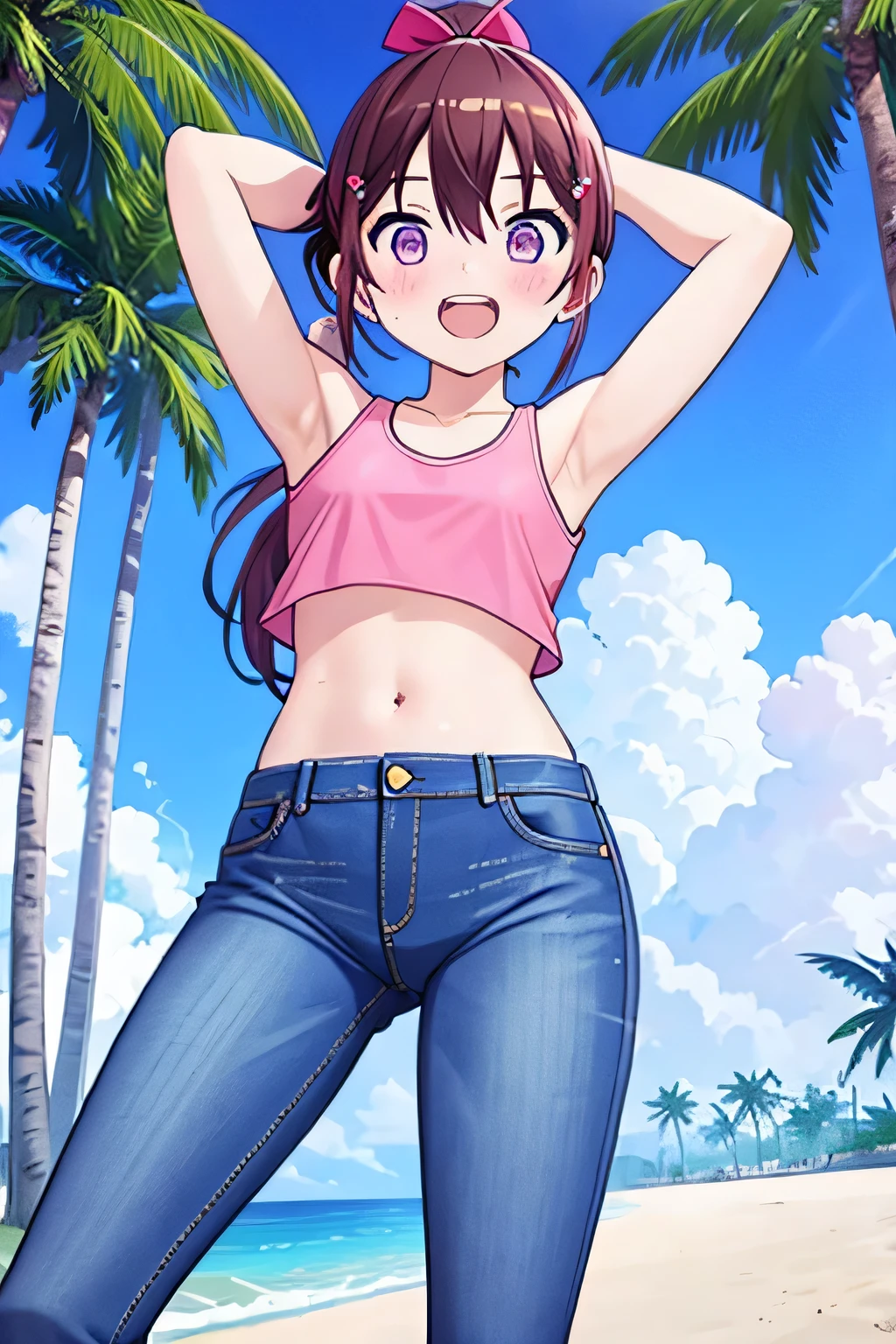 (8K、Highest quality、Highest quality、masterpiece)、Detailed face、One Girl、(Brown Skin:1.2)、Long Hair、Red Eyes、Serious、(Black Tank Top、Denim hot shorts、Open Shorts、Unziped shorts、Mini jeans Shorts、No Panties、NoPanties、Spread pussy、heart cutout)、labia view、Beach、cloud、vagina、Pussy Lip、Wedgie between Pussy Lips、Big Breasts
