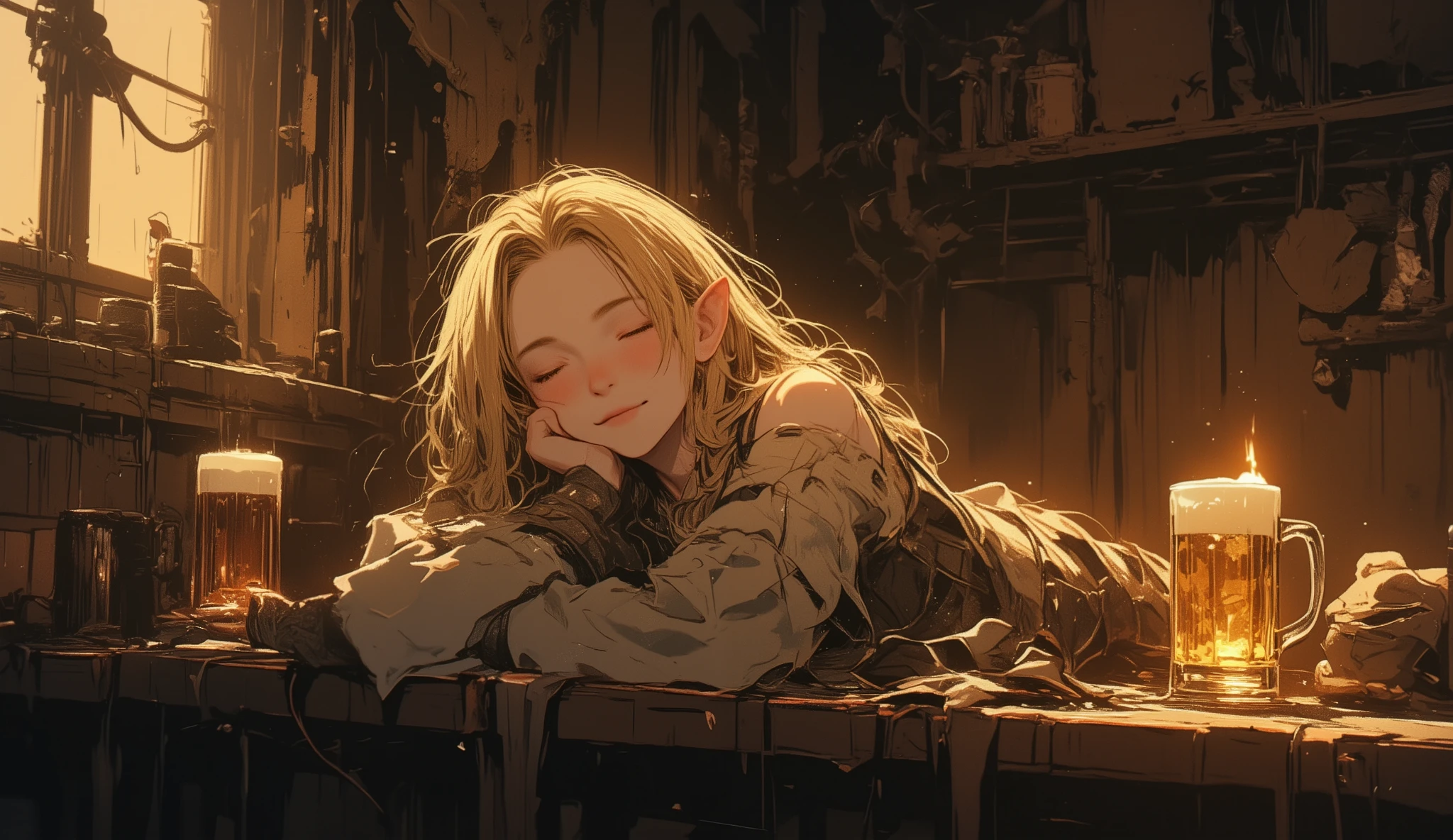 The blonde elf lies peacefully in the tavern, her blond hair falls softly on her shoulder. Sweet, barely noticeable smile, as if in a dream she is dreaming of something warm and joyful. There is a mug of beer next to her on a wooden table, plays on her face, her candle flickers with soft light, filling the room with an atmosphere of comfort and peace. The scene seems to be breathing peace and warmth, reminding her of rare moments of complete peace.