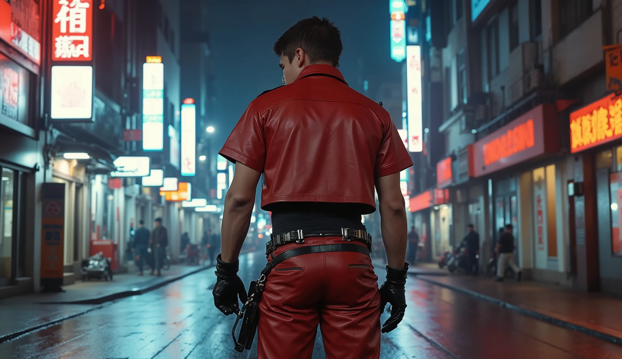 8,000 , masterpiece , Danny,Highest Quality, Medium shot, Back View,1Man,standing,Man's side head,Akira's Kaneda one-piece work suit+++,non-high neck design,short-sleeve red leather jacket+,red long Leather Pants,brown black long leather boots, non-high neck base layer, narrowed waist with ribbed texture, black belt with polished chrome buckles,, black gloves , cyberpunk fashion design, neon lighting, --no armor mechanical robot --ar 3:4 -- in 6,midnight, Cyberpunk empty street scene,Wet,
