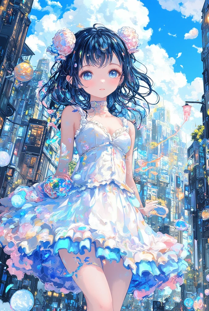 quality\(8k,非常に精細なCGユニットのwallpaper, masterpiece,High resolution,top-quality,top-quality real texture skin,Surreal,Increase the resolution,RAW Photos,最高quality,Very detailed,wallpaper,Cinema Lighting,Ray-tracing,Golden Ratio\), break ,\(Long white hair,Straight Hair、bioluminescent dress,beautiful, 独奏, young, Big eyes, Eyes of the Universe, Long eyelashes, Both sides up, beautiful eyes, Surprised face:0.6, smile:0.8, Blush 0.6, Small breasts,look up,avert your eyes,Outside\((Very dark:1.3),heavy rain\)\), break , (From below:1.6),whole body,A lot of twinkling stars fall、Galaxies and nebulae in the sky,milky way,Super fantastic scenery、Fisheye Lens、Urban buildings、