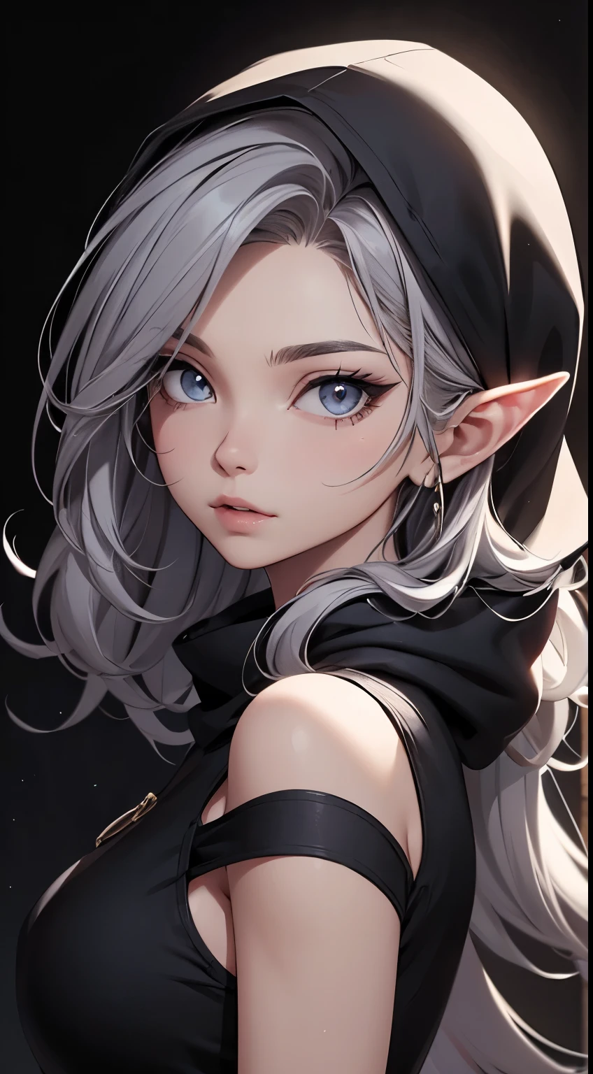 White elf girl, dark grey hair color, very long flowing hair, grey eye color, small eyes, round eye shape, eyeliner, realistic face shape. black shirt, portrait, wearing a black hood, black background, Depth of Field. looking at camera, dreamy look detailed eyes, detailed face, detailed skin, Ultra Detailed, Beautiful and Aesthetic, Masterpiece, Best Quality, shoulders showing. fish net fabric, round chin shape. wearing black hood over hair. showing full upper body and face. wearing a black hood, alot of flairs in background, zoomed out, black and gold. glowing,
