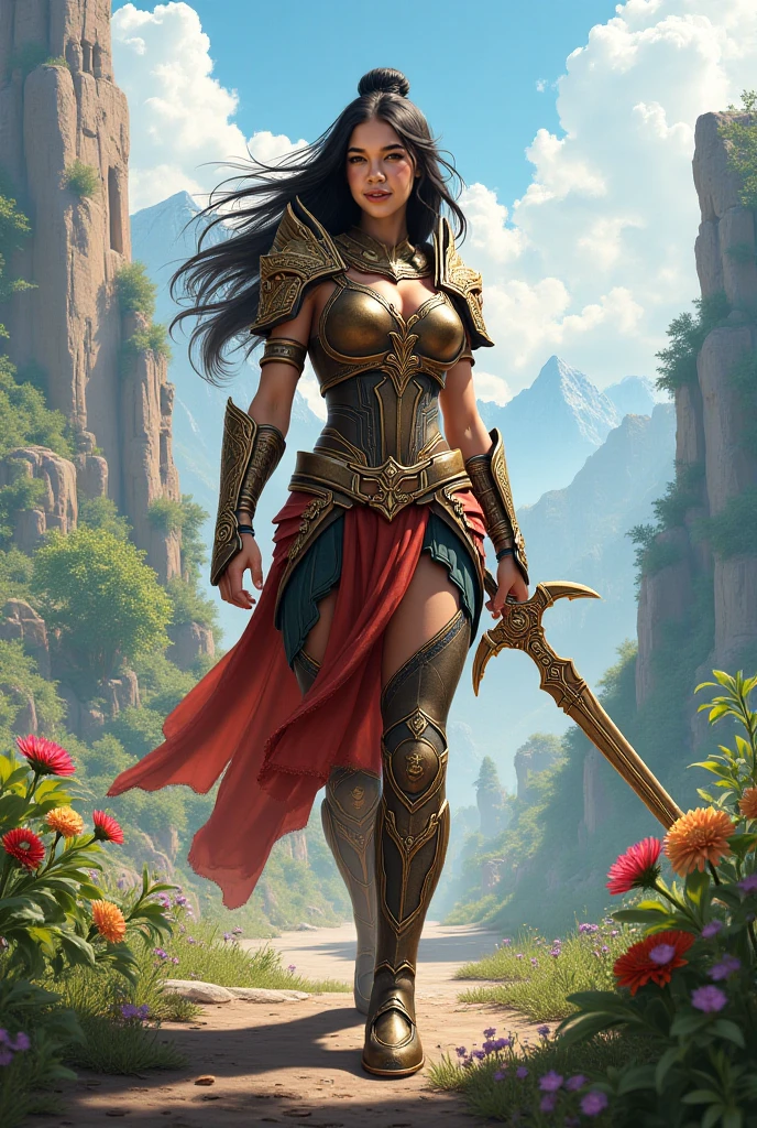 A character with a blend of fantasy and modern aesthetics, featuring intricately detailed outfits with a mix of medieval and contemporary elements, highly expressive and emotive design, vibrant and lush environments, dynamic and heroic poses, a balance of light and shadow, and an epic, grand atmosphere, digital art