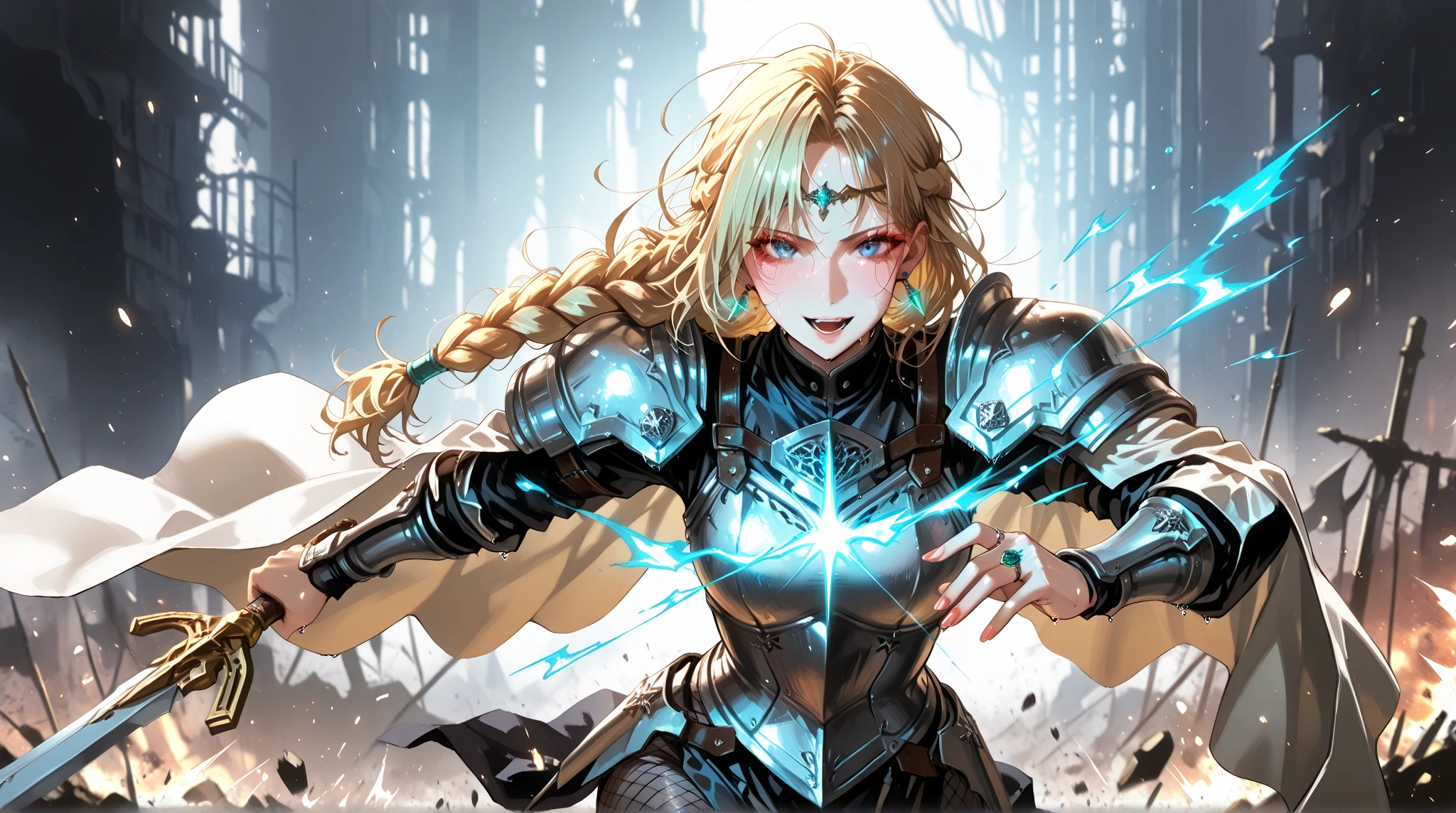 (Masterpiece:1.2), best quality, (illustration:1.2), determination, action scene,(Masterfully crafted Glow, lens flare), (ultra-detailed), hyper details, (delicate detailed), (intricate details), (cinematic light, best quality Backlights), clear line, solo female,(holding glowing Excalibur), solo female, perfect body, (1girl), bioluminescent hair, glowing eyes, (Sword maiden, medieval armour),(supermodel:1.1), slightly close eyes, battlefield, (Dynamic:1.2), ((makeup)), high contrast, (best illumination, an extremely delicate and beautiful), ((cinematic light)), colourful, powerful, (Cinematic masterpiece), photoshoot, battle scene, gallant, splashes of colour, absolutely eye-catching, ((colourful paint splashes on background, dulux,)), ((caustic)), dynamic angle, beautiful detailed glow, (Captivating),(Intricate Detailed Cinematic Arena:1.2), (in battle),ambient occlusion, ambient light, ray-traced reflections, intricately detailed Damascus armour, (glowing sword), special attack, (glowing wisps), battle ready, Iaijutsu, subsurface scattering, Post-processing, sword in hand, Excalibur, light blade, legend, powerful attack, noble phantasm, Damascus, handle grip, master swordsman